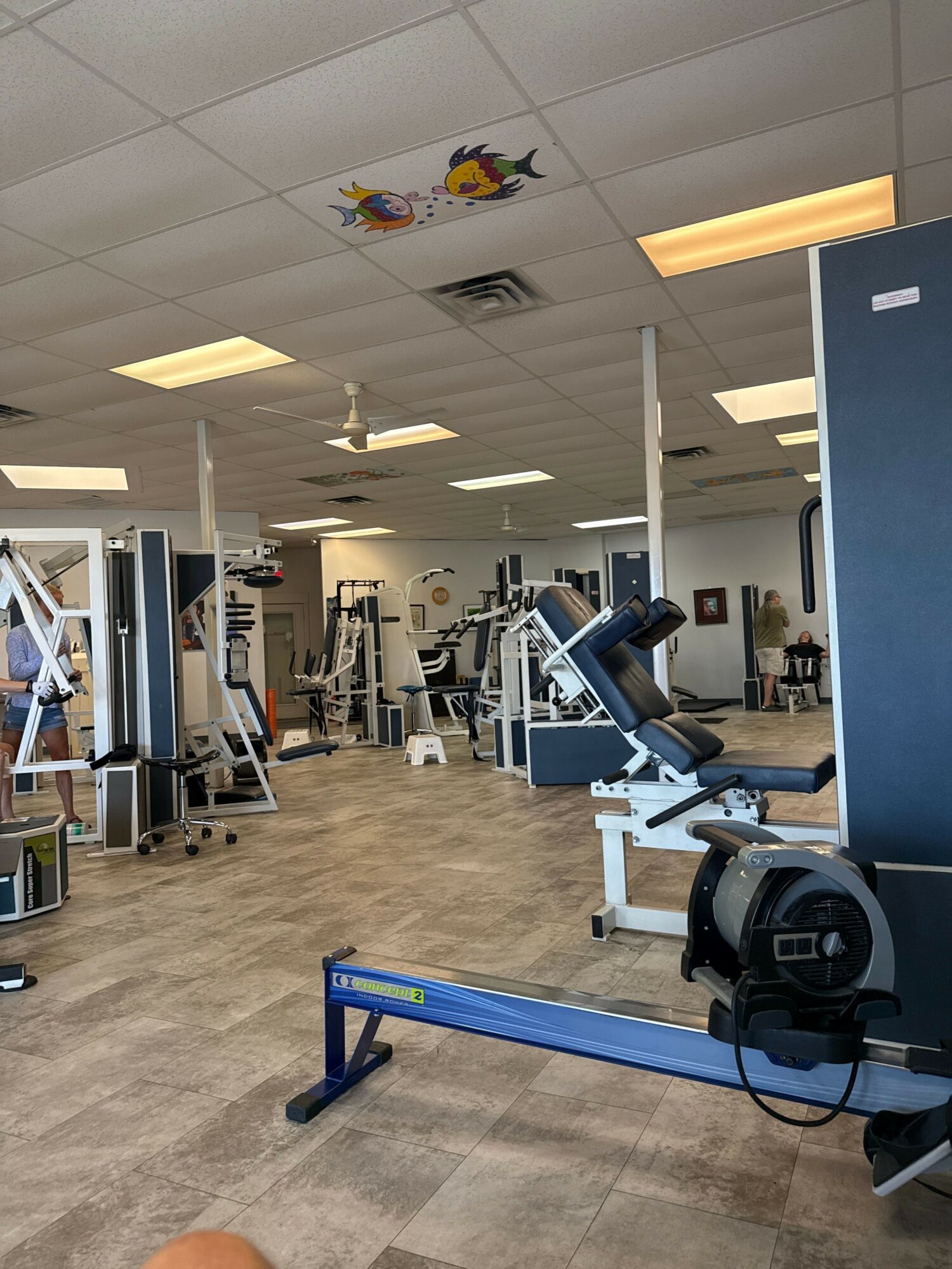 Empty gym with exercise machines, wooden floor, and ceiling lights, viewed from the side.