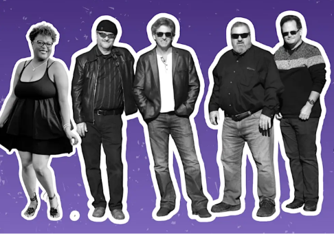 Group of five people standing together, some wearing sunglasses, against a purple background.