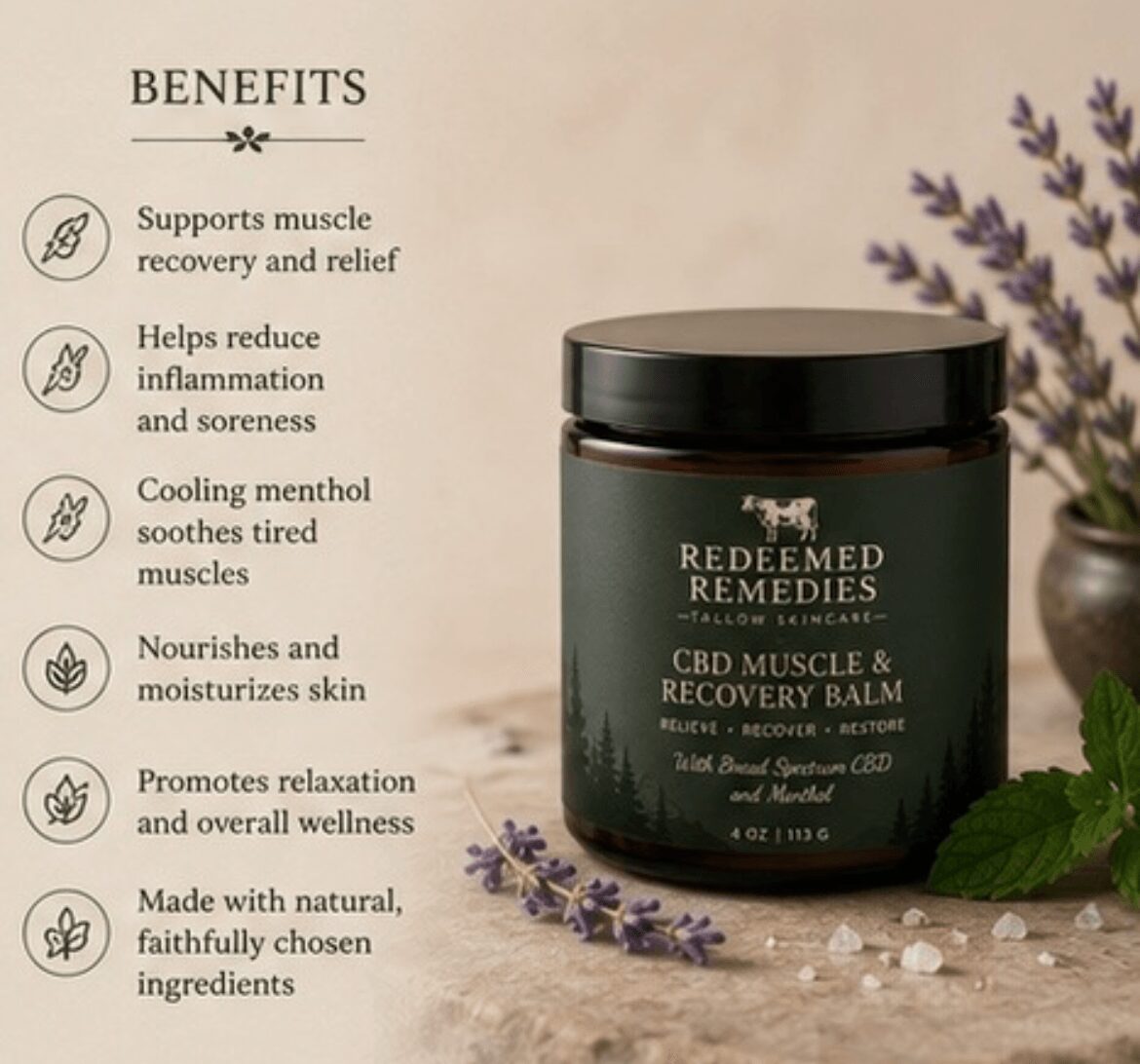 CBD muscle and recovery balm jar with lavender flowers and leaves, benefits listed on the left side, on a beige surface.