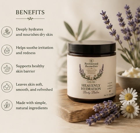 Jar of Heavenly Hydration body balm on a wooden platform with lavender and daisies, benefits listed on the left, neutral background.