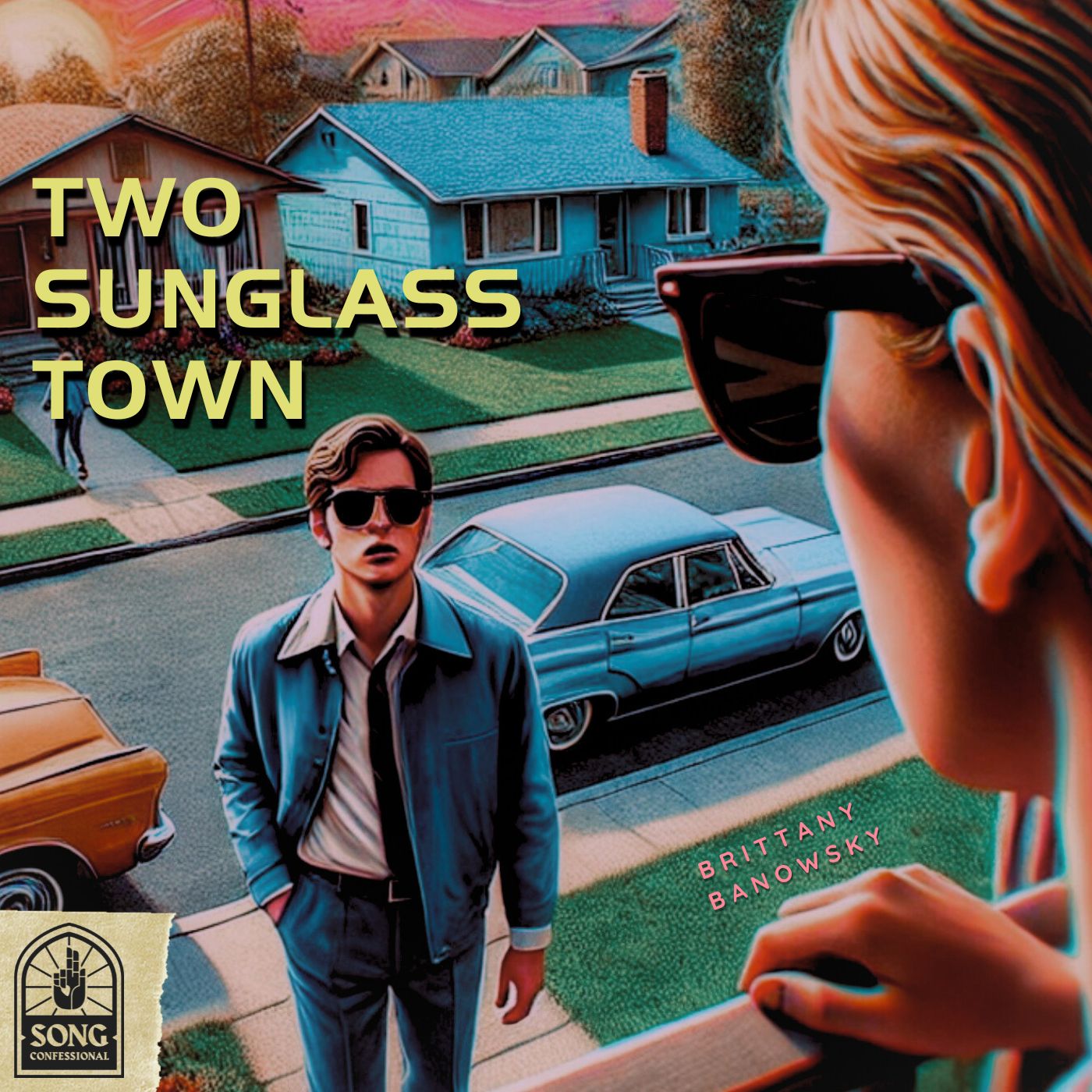 Two people wearing sunglasses on a suburban street with colorful houses and vintage cars, one in the foreground and one in the background.