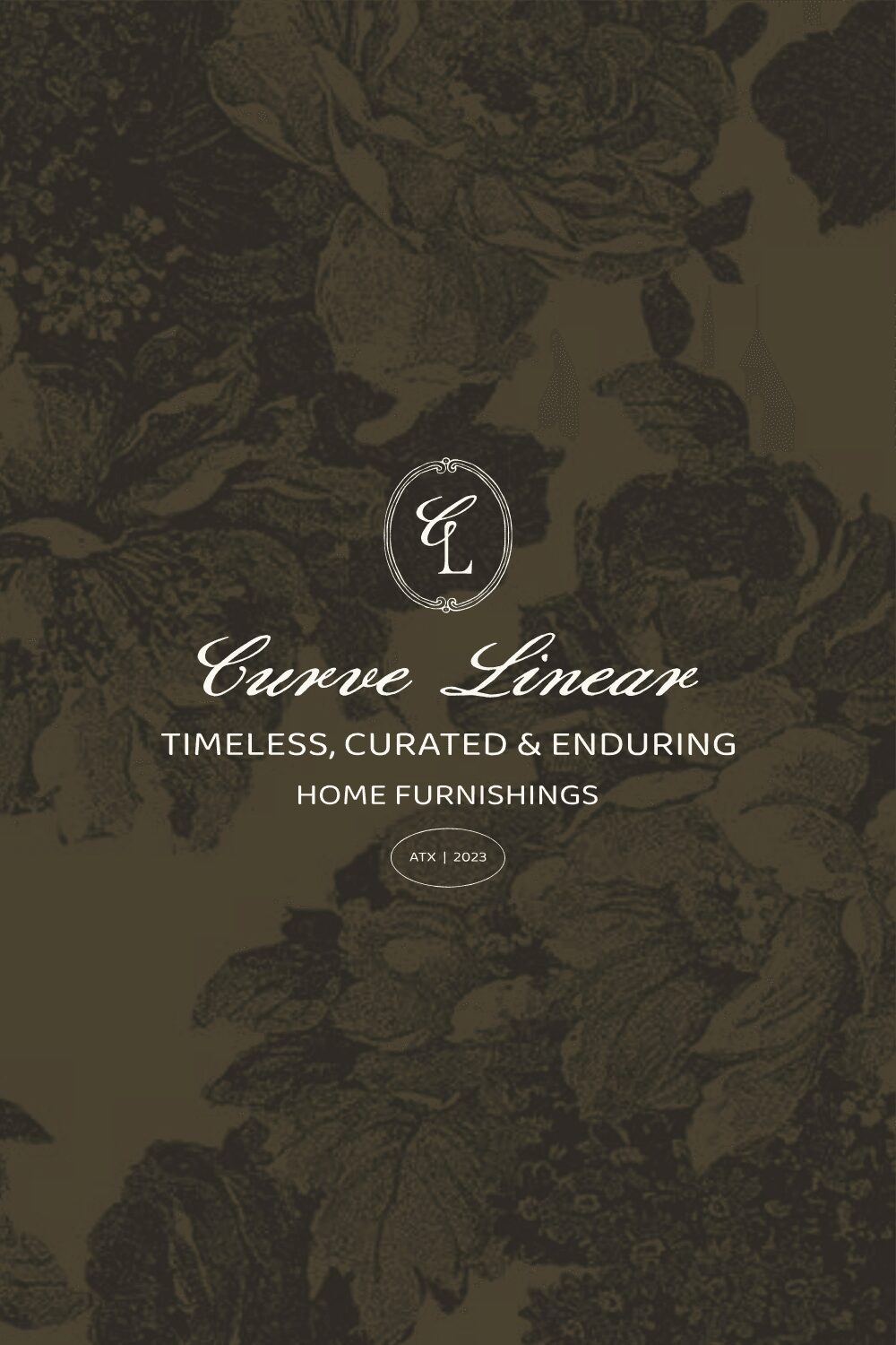 Decorative background with floral pattern, centered logo, and text for Curve Linear home furnishings.