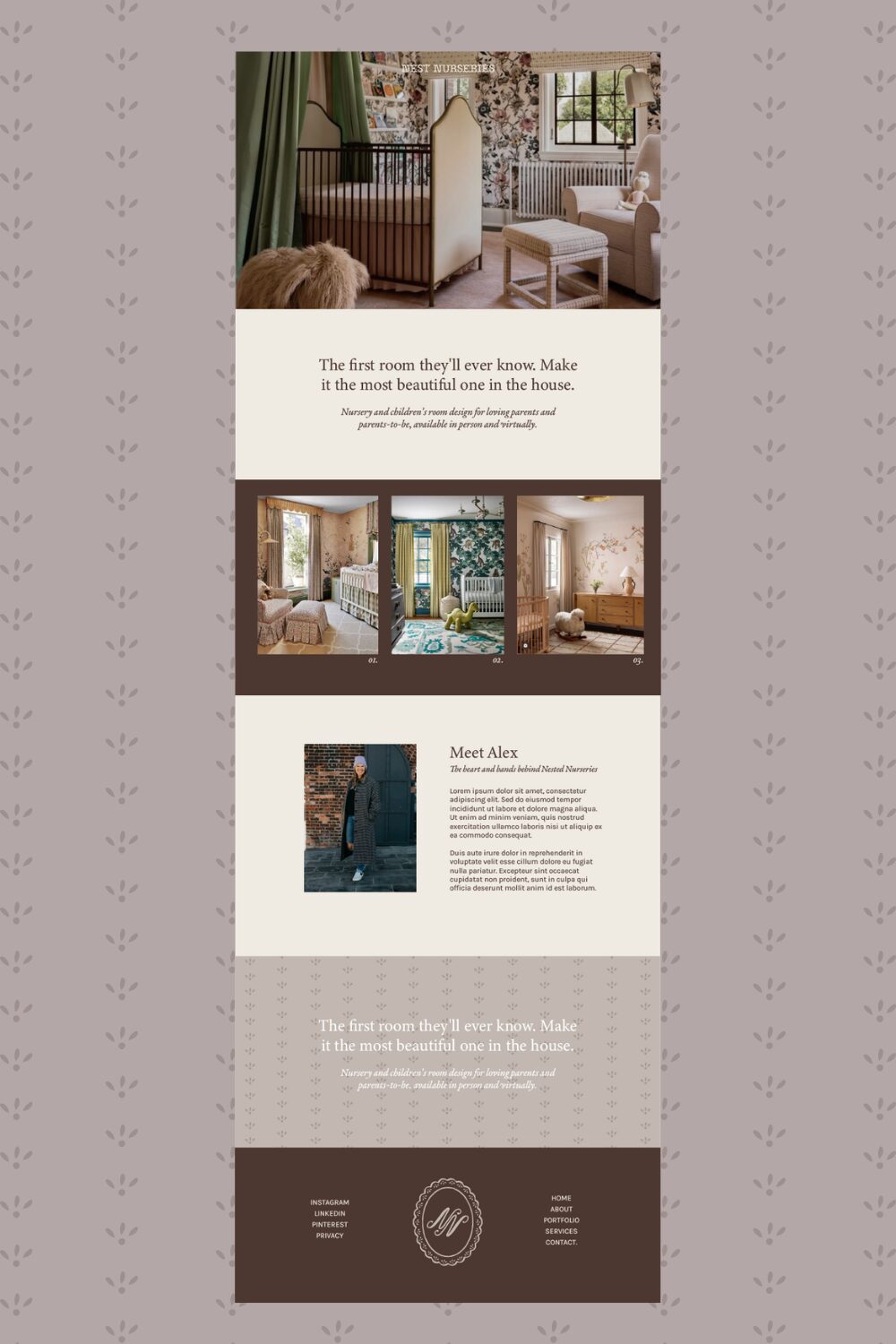 Interior of a bedroom with a crib, chairs, and window, with a quote about home decor. Text about Alex and contact info.