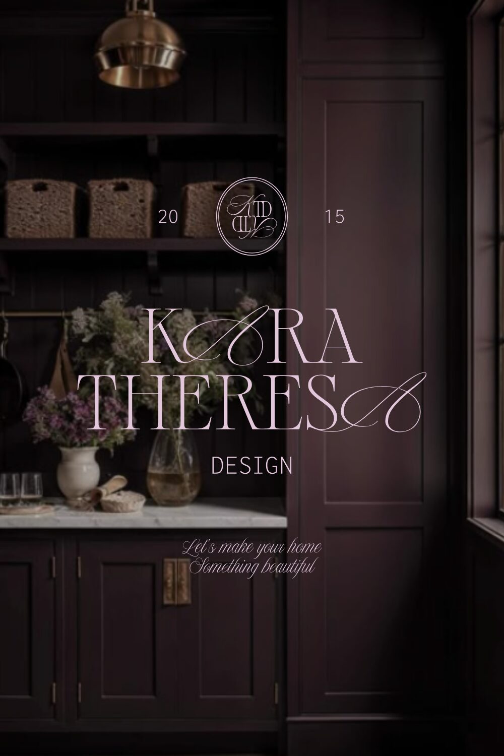 Interior kitchen with dark cabinetry, a window, and decorative items, featuring text for Koza Thieres Design.