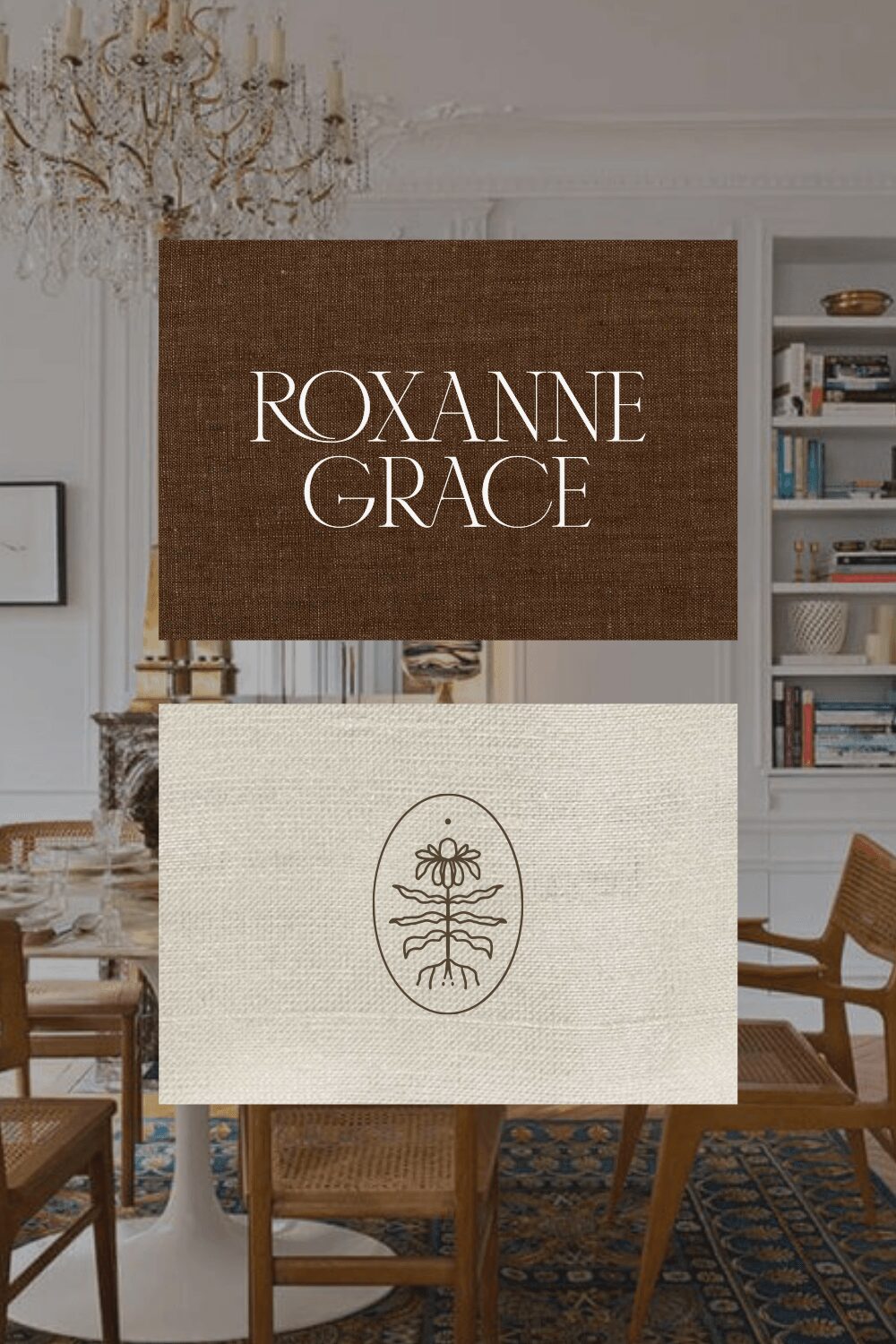 Two signs on a wall, one brown with white text 'ROXANNE GRACE' and one white with a black logo, in a room with chairs and a chandelier.