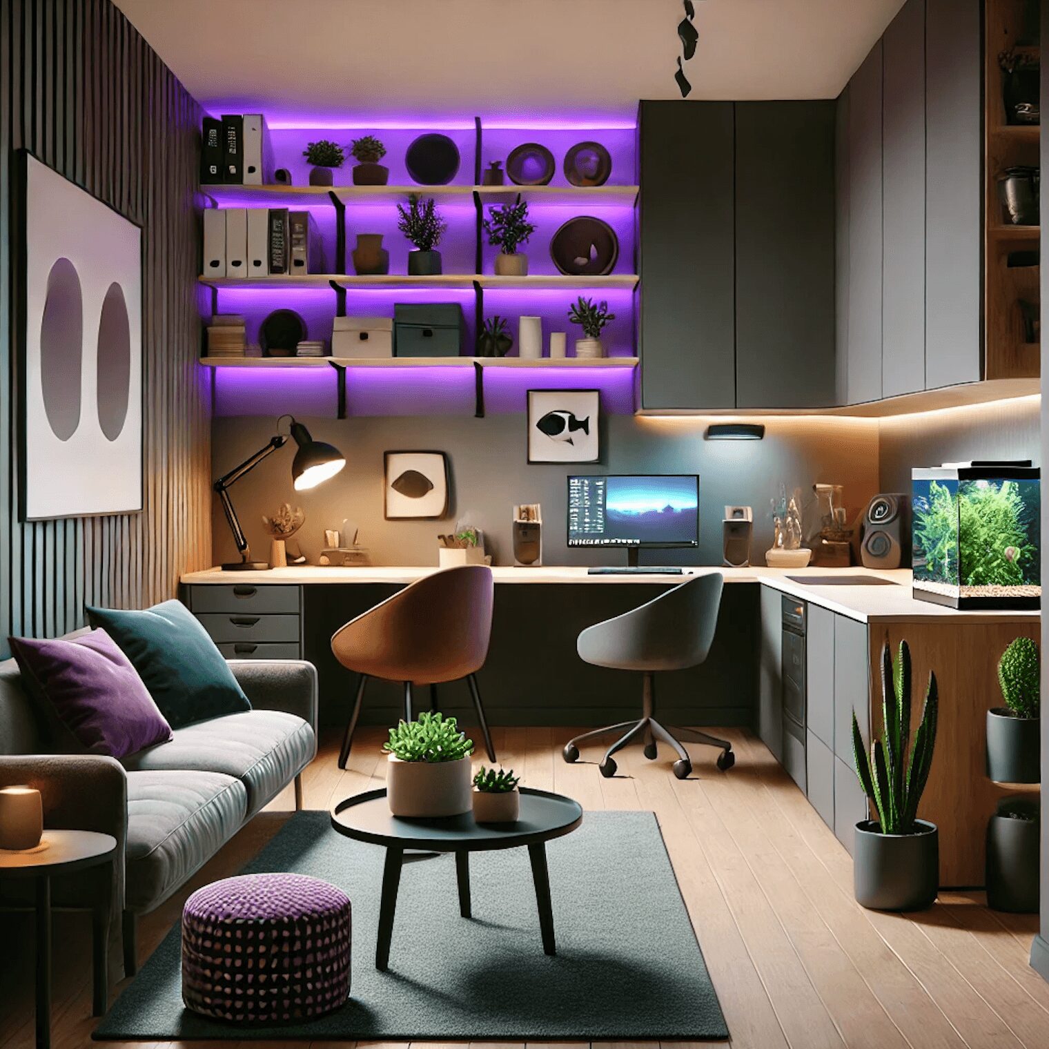 Home office with desk, two chairs, sofa, shelves with plants, and a fish tank, illuminated by purple and warm lighting.