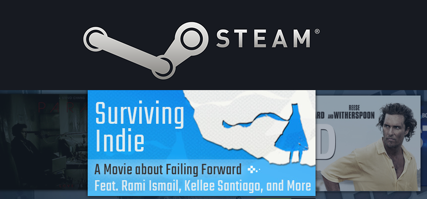 Steam logo above a banner for 'Surviving Indie,' featuring a blue and white map outline and a person with curly hair.