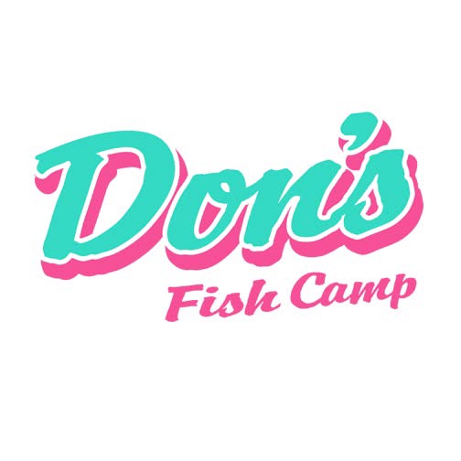 Logo with turquoise and pink text reading 'Dona's Fish Camp' on a white background.