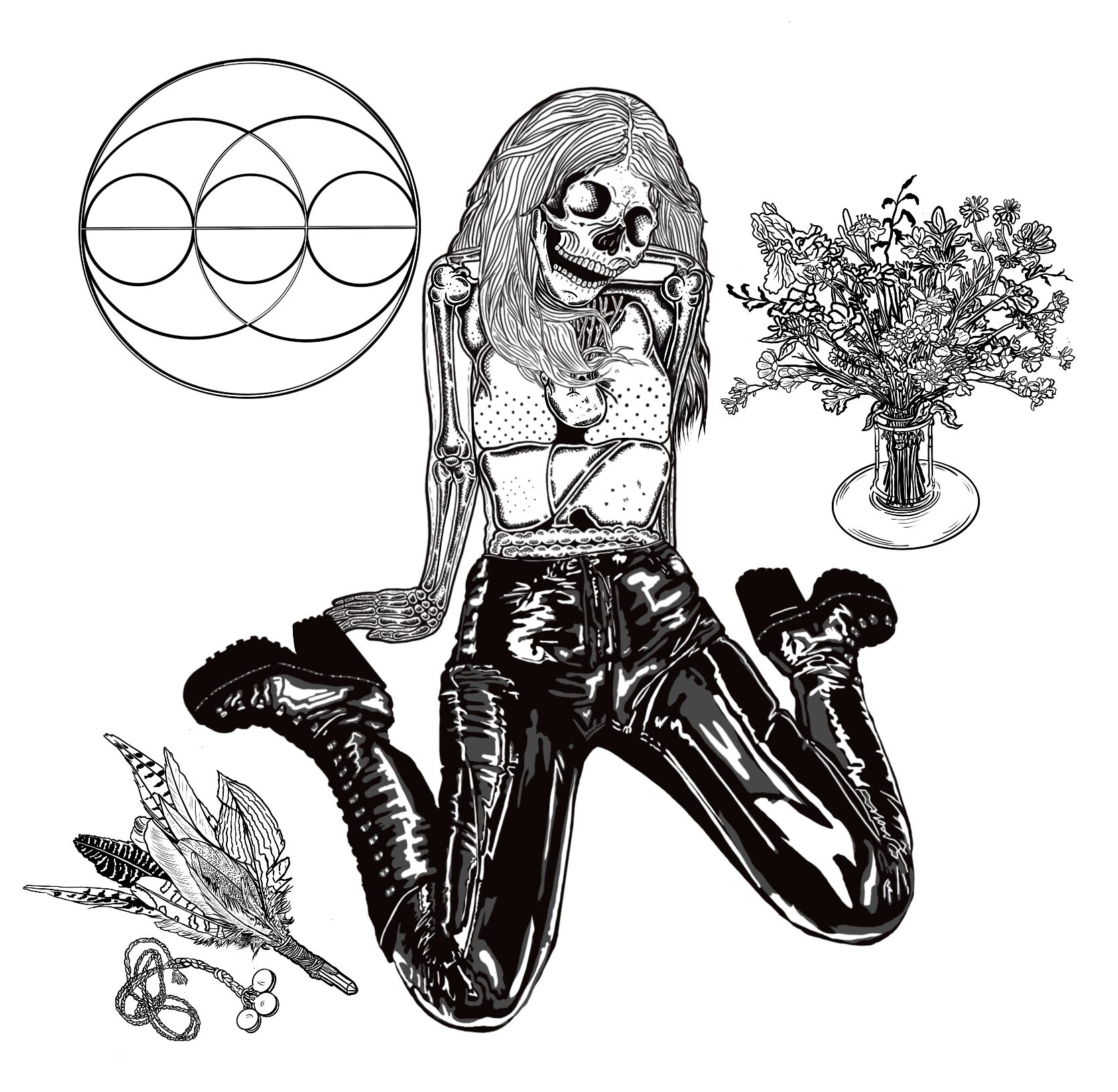 A skeleton girl with long hair, wearing shiny pants, surrounded by a geometric circle, a flower bouquet, and art supplies.