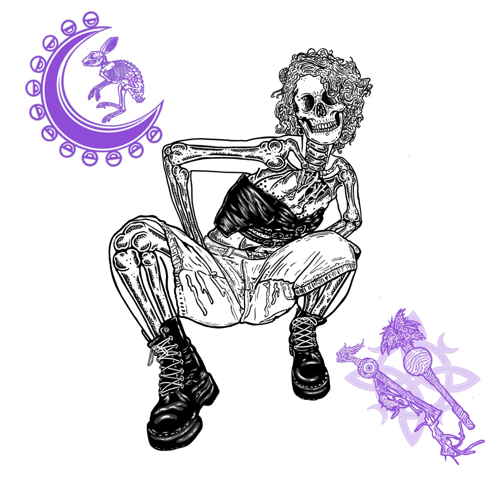 Skeleton with curly hair crouching, wearing boots and shorts, with purple celestial symbols and a winged creature in the background.
