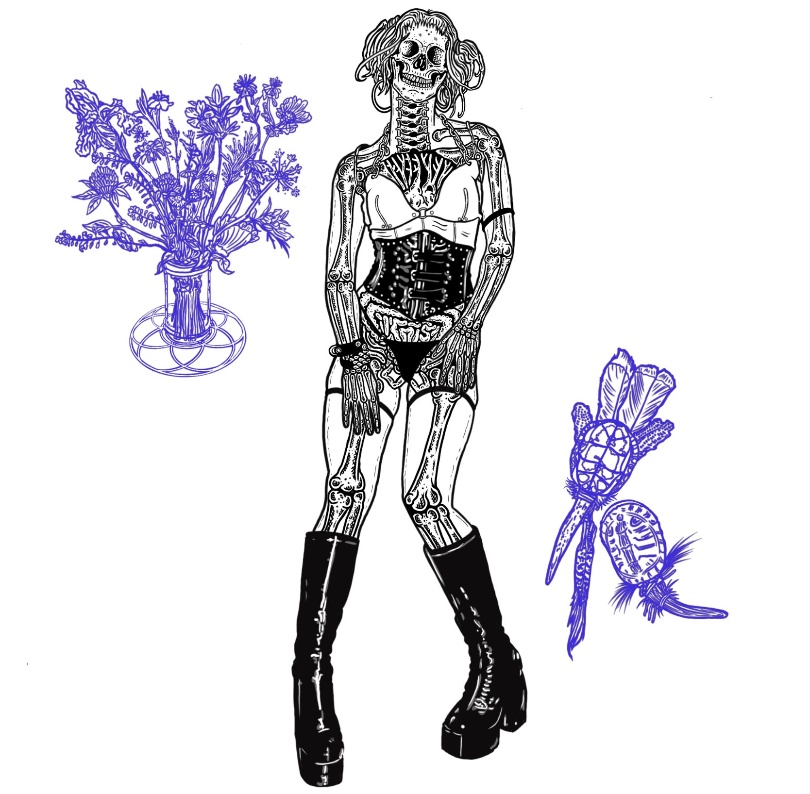 Skeleton woman in lingerie and boots, with two purple flowers, one in a vase and one as a bouquet, on white background.