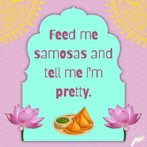 Text says, 'Feed me samosas and tell me I'm pretty,' with lotus flowers and a plate of samosas below.