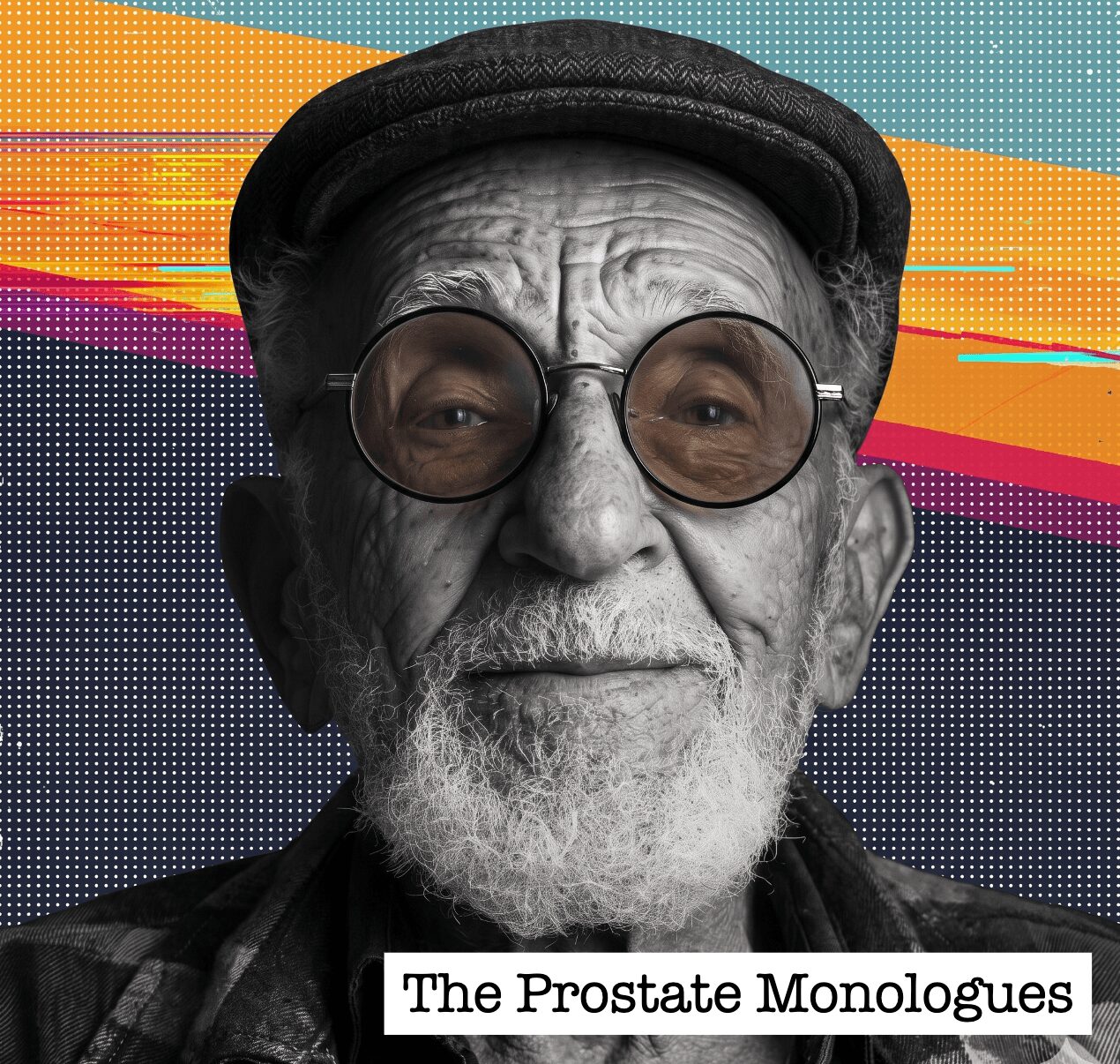 Black and white portrait of an elderly man with glasses, wearing a cap, smiling, with colorful abstract background.