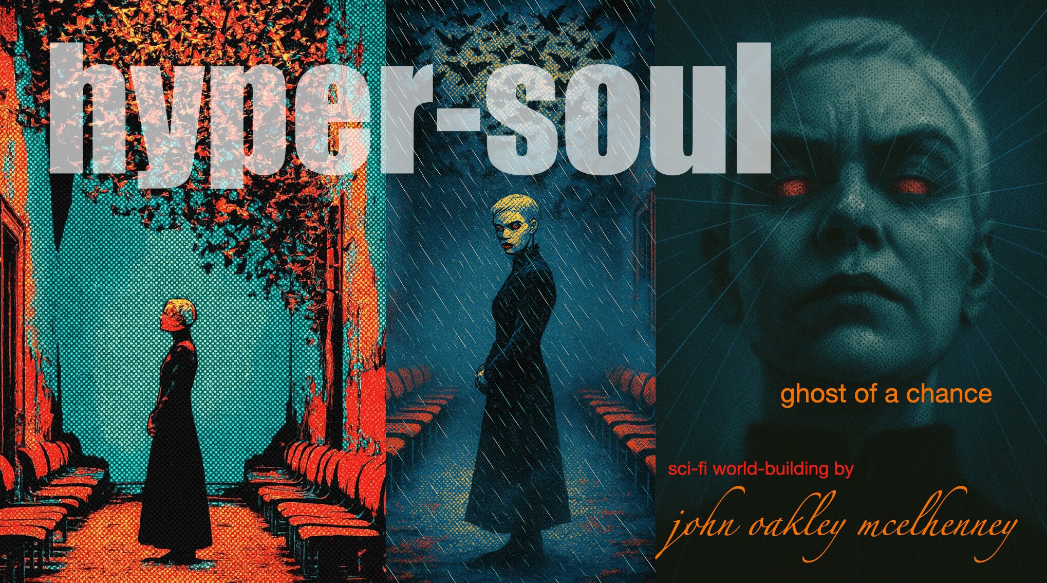 Title text 'hyper-soul' with a woman in a dark dress in a forest scene, and a ghostly face in the background.