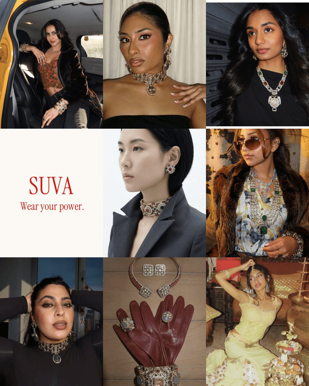 Six women in fashionable outfits, jewelry, and accessories, posing indoors and outdoors, with a text box reading 'SUVA Wear your power.'