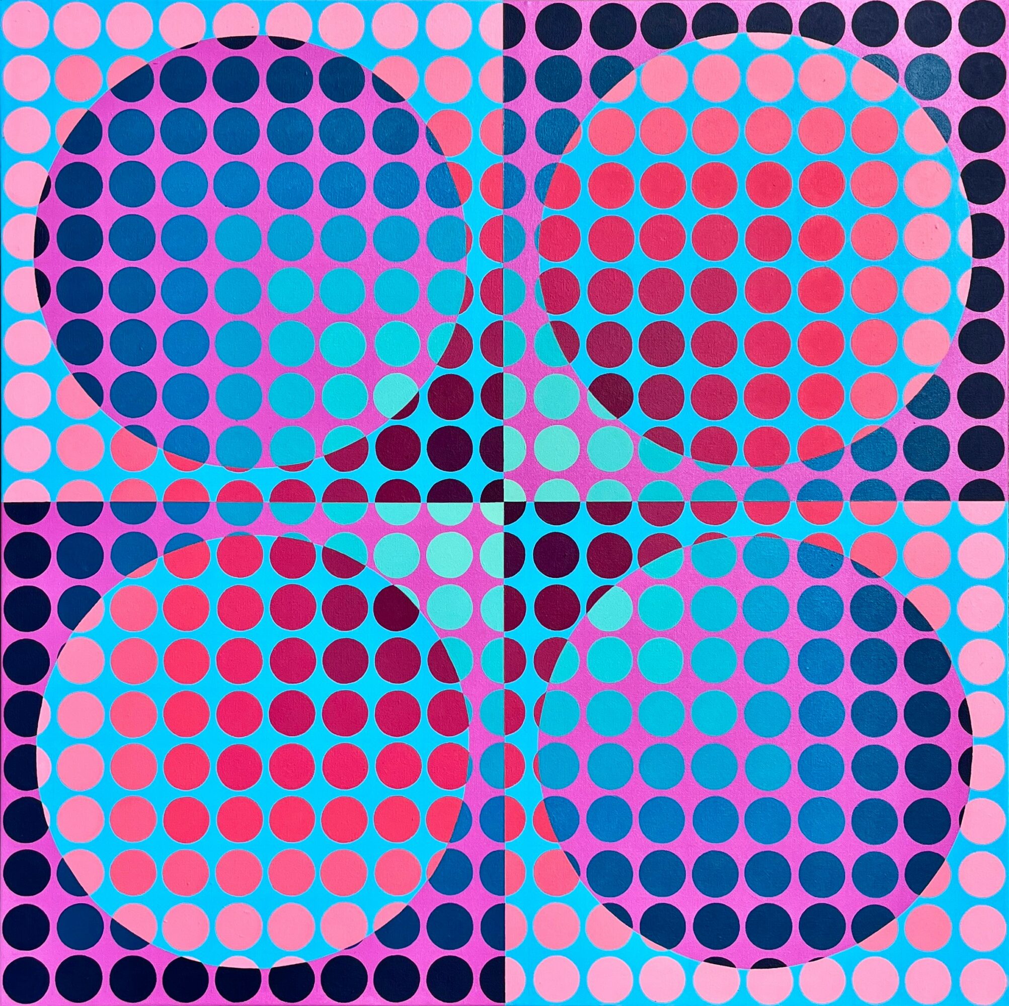 Four large circles with colorful dot patterns on a grid background, arranged in a 2x2 grid.