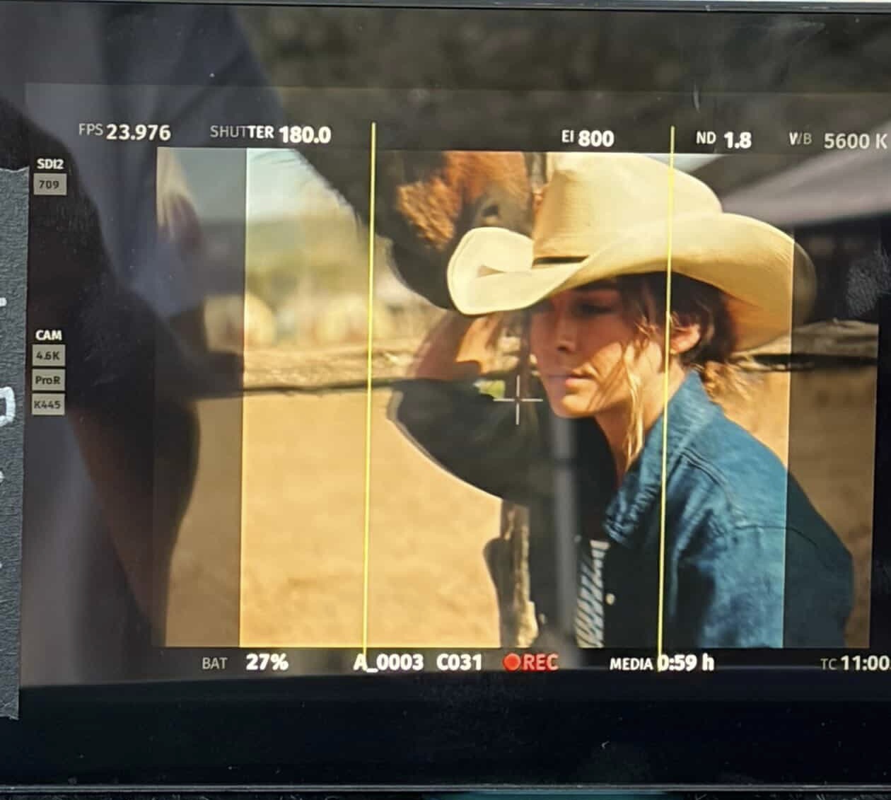 Woman wearing a large hat and denim jacket, looking to the side outdoors, seen through a camera viewfinder.
