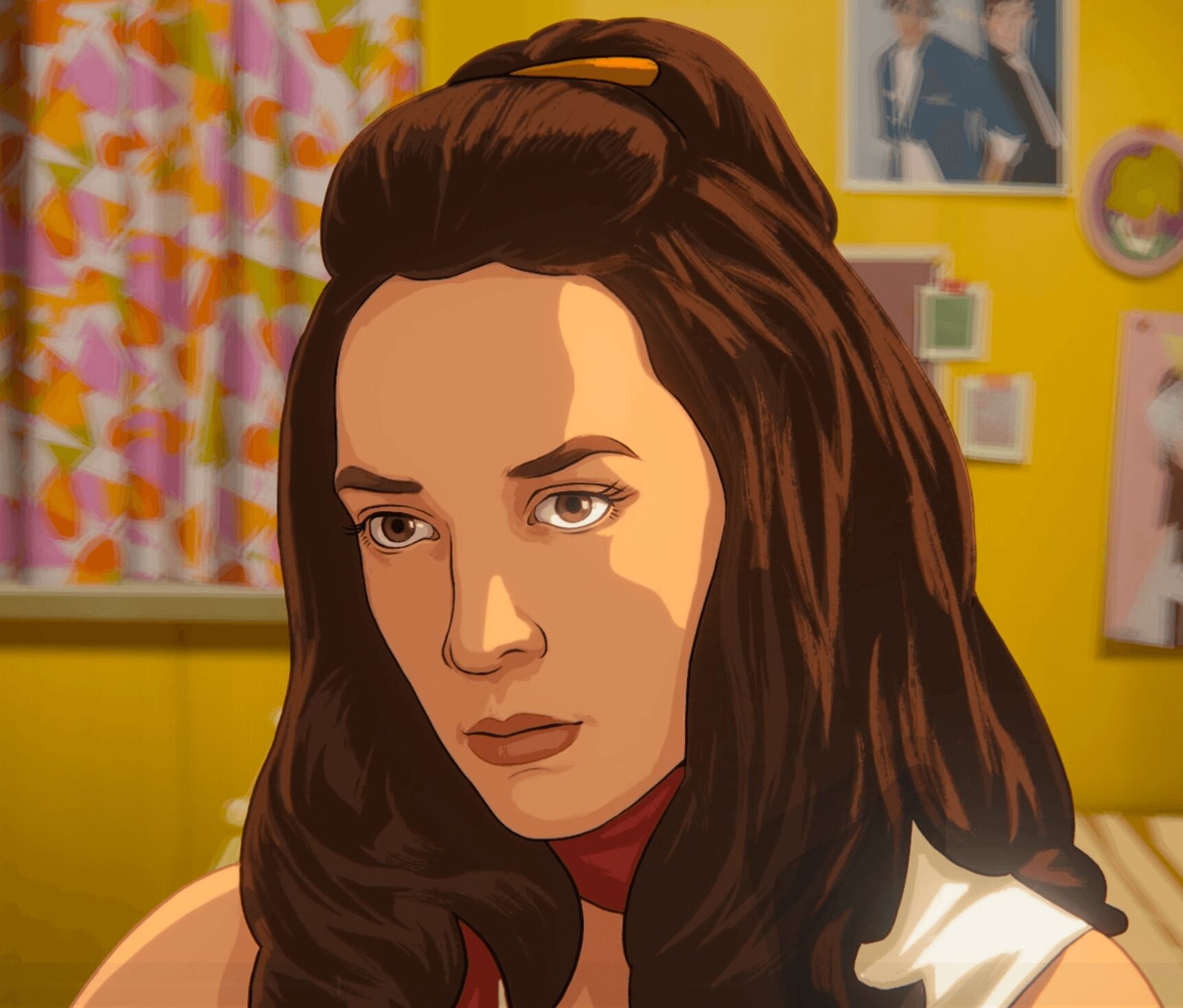 Illustration of a woman with long dark hair, in a room with colorful curtains and photos on a yellow wall.