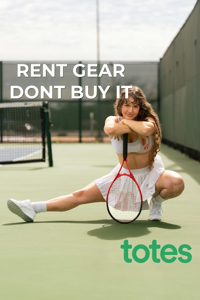 Young woman on tennis court holding tennis racket, stretching with legs apart, text overlay about renting gear, green logo at bottom