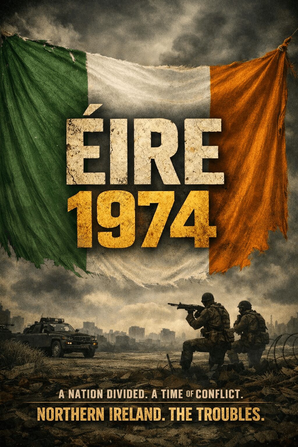 Irish flag with text 'ÉIRE 1974' over a military scene with soldiers and vehicles, cloudy sky background.