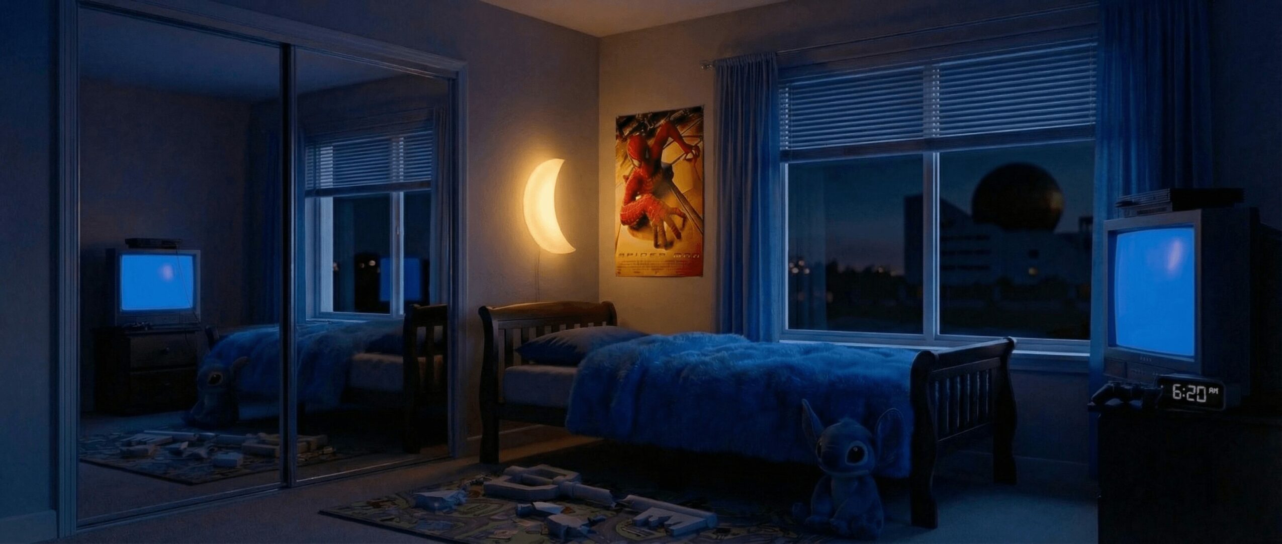 Bedroom with bed, window showing night sky, artwork, and a glowing moon-shaped lamp, illuminated by blue and warm lighting.