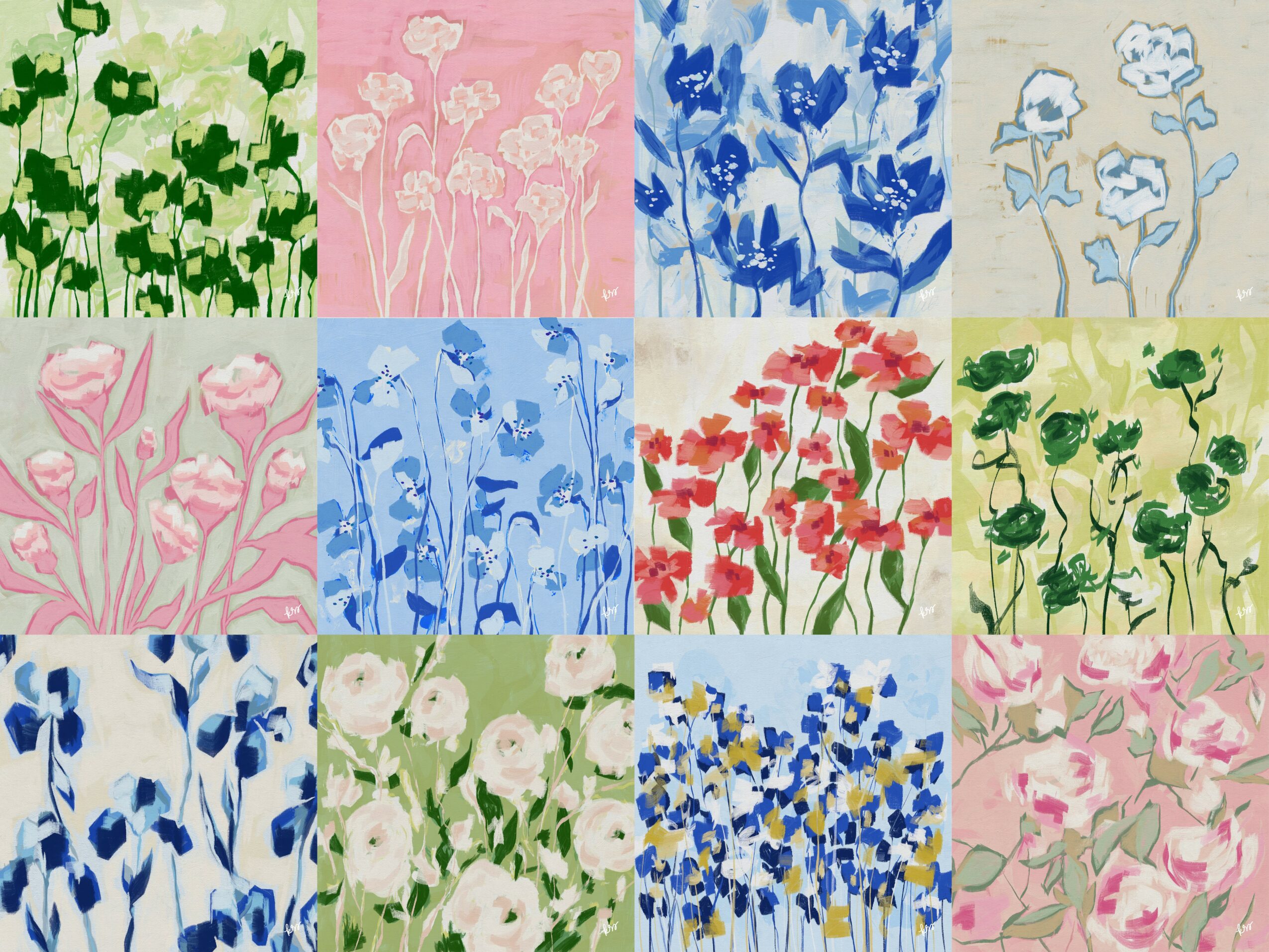 Collage of twelve floral illustrations in various colors and styles, arranged in a grid pattern.