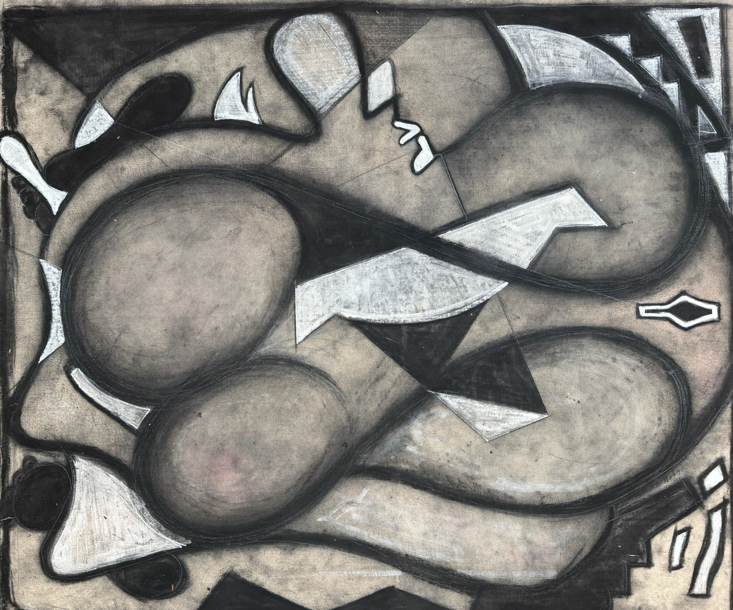 Abstract black, white, and gray shapes with curved and angular lines, resembling a cubist painting.