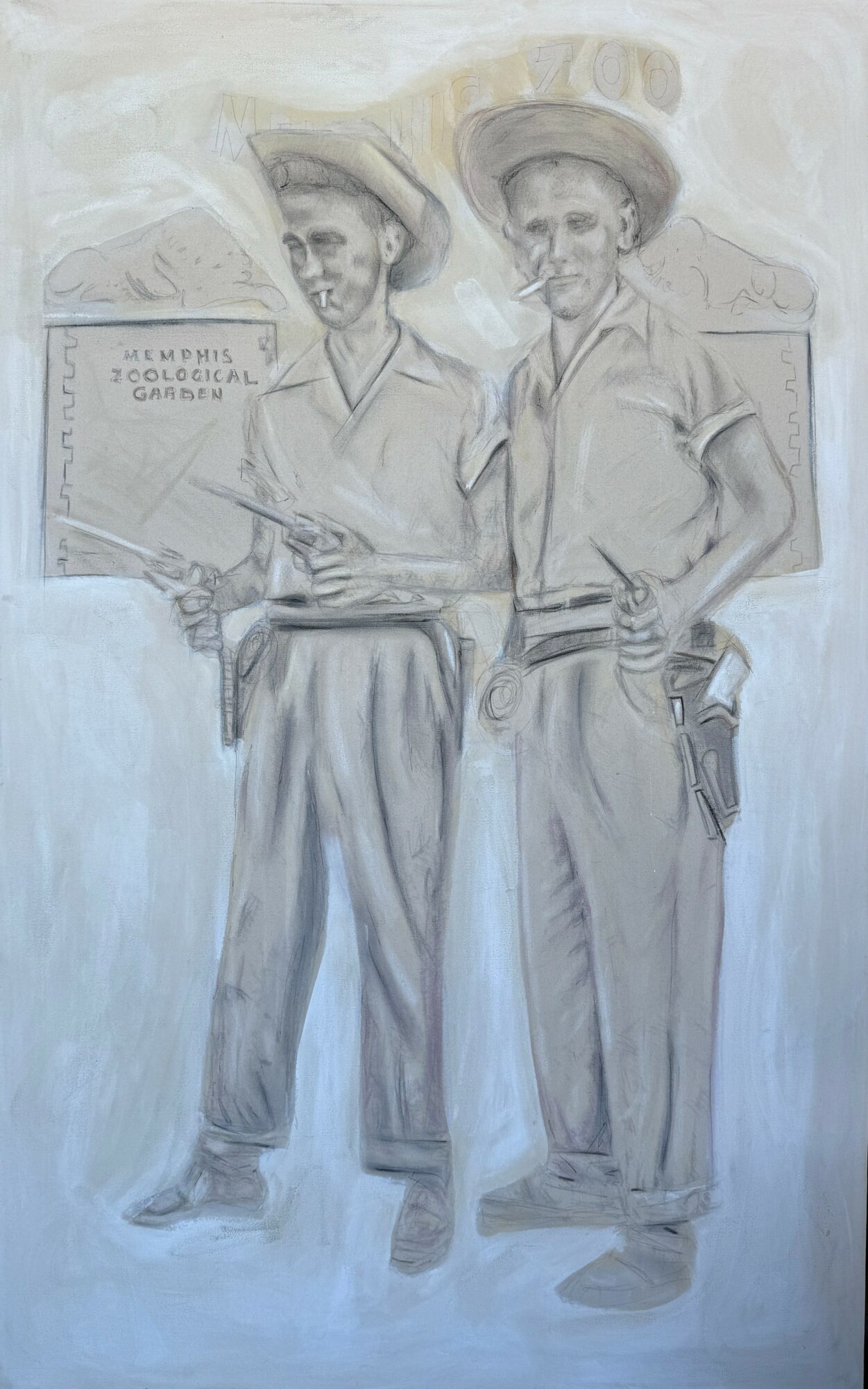 Two women wearing large hats and casual clothing stand outdoors, one holding a sign, in a monochrome sketch style.