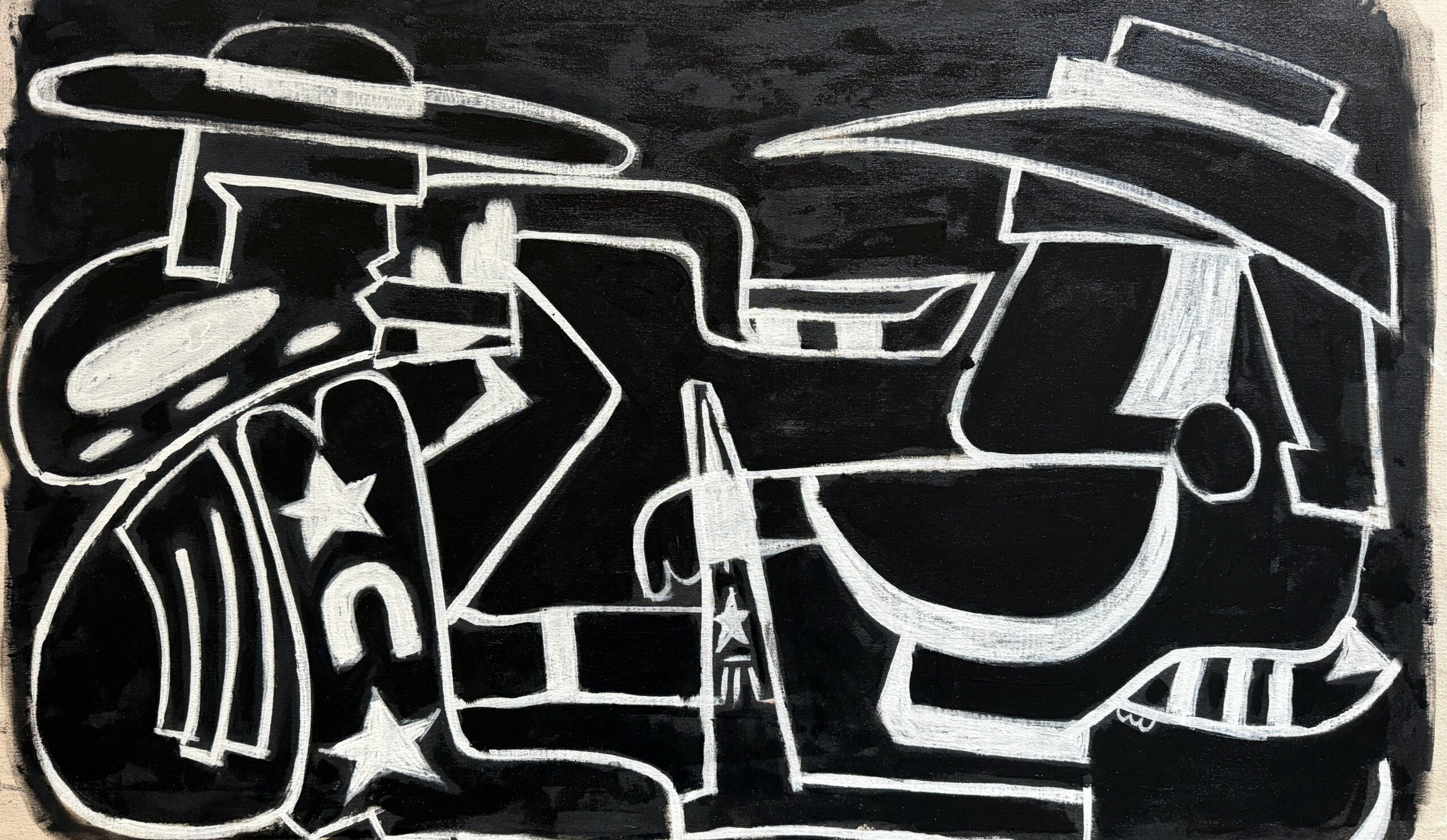 Abstract black and white artwork with geometric shapes and lines, including hats, stars, and curved forms.