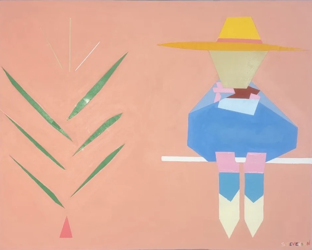 A stylized figure wearing a large yellow hat, blue clothing, and pink shoes, with a plant on a pink background.