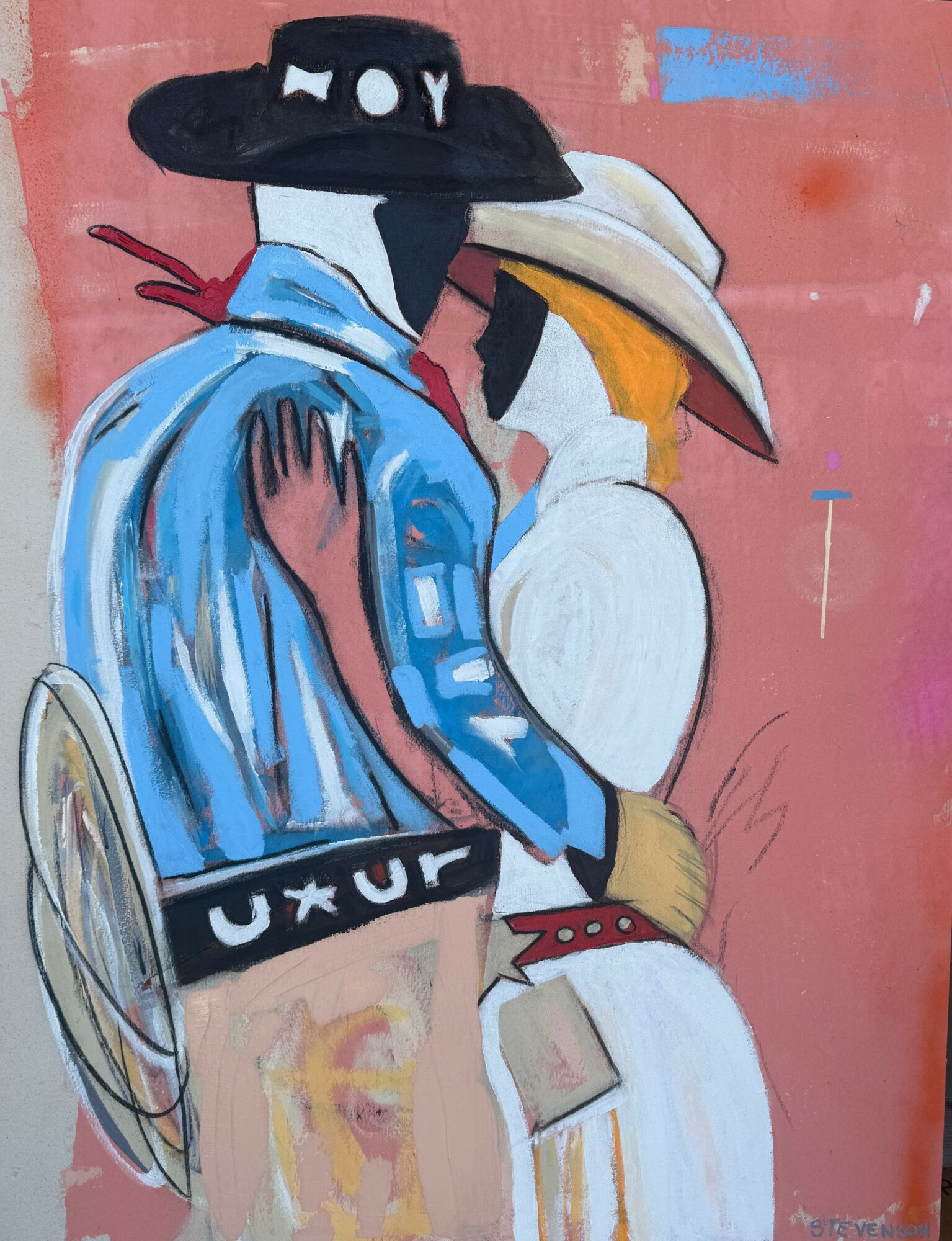 Two stylized figures, one with a wide-brimmed hat and the other with a beak-like face, stand close together against a pink background.