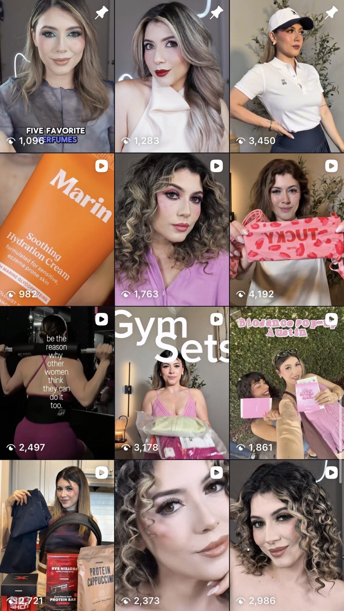 Collage of nine images featuring women, products, and text, with varied backgrounds and poses.