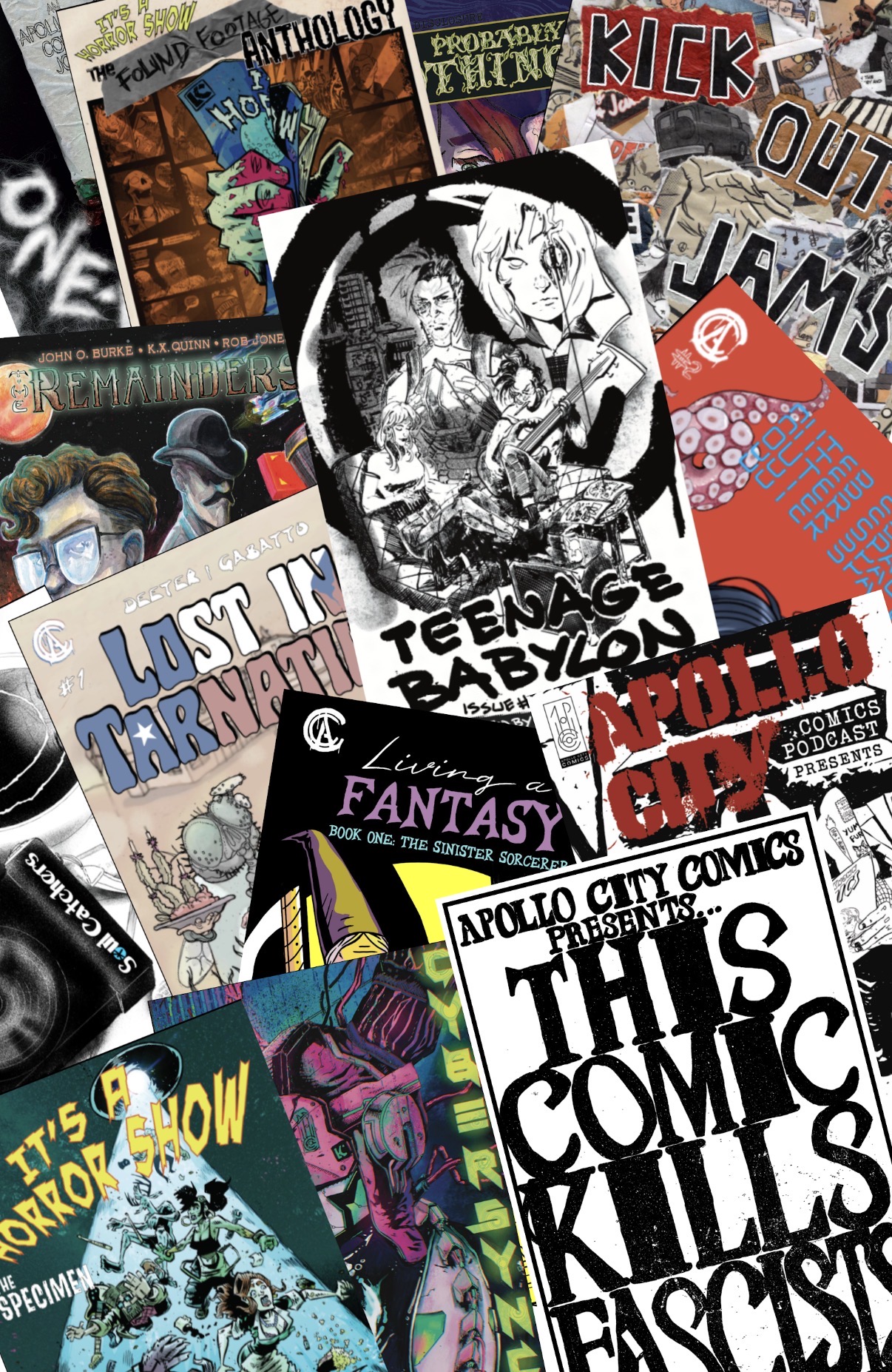 Collage of various comic book covers and illustrations, including Teenage Bayon, Apollo City, and fantasy themes, with diverse artwork styles.