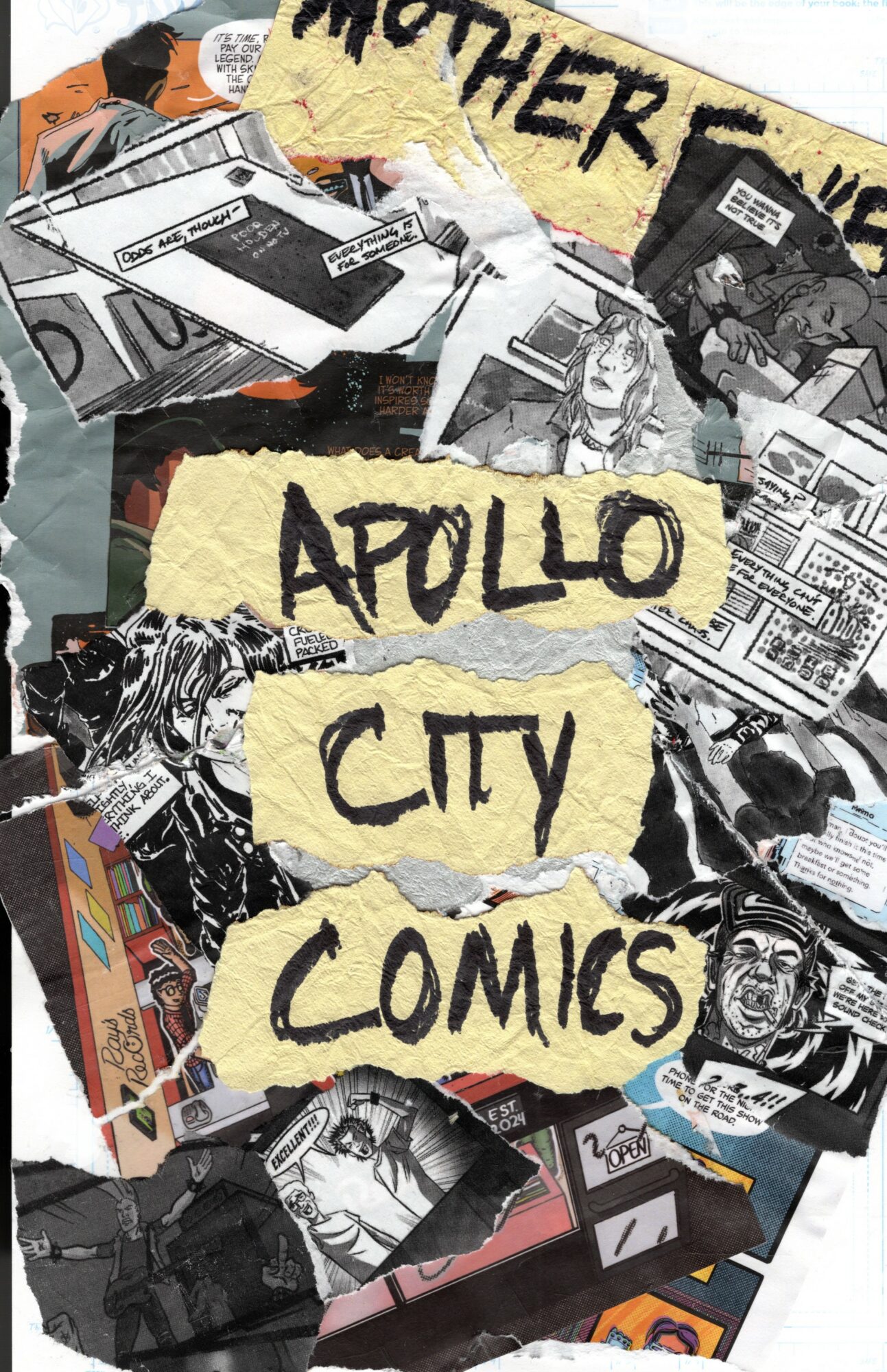 Collage of comic book panels with torn paper labels reading 'Mother Apollo City Comics'.