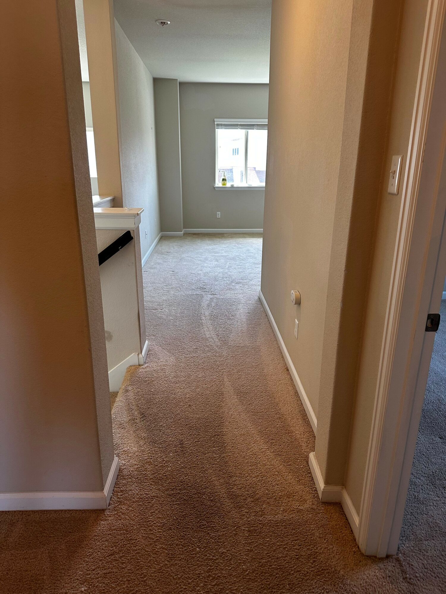 Empty room with a window, doorway, and beige carpeted floor, viewed from doorway opening.