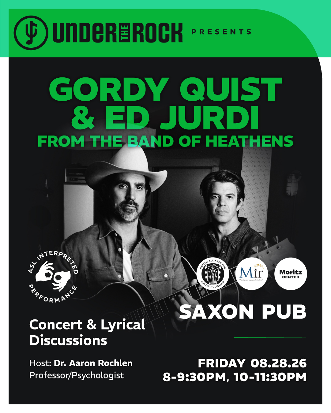 Event poster for a concert featuring Gordy Quist and Ed Jurdi at Saxon Pub, with details of date, time, and host.