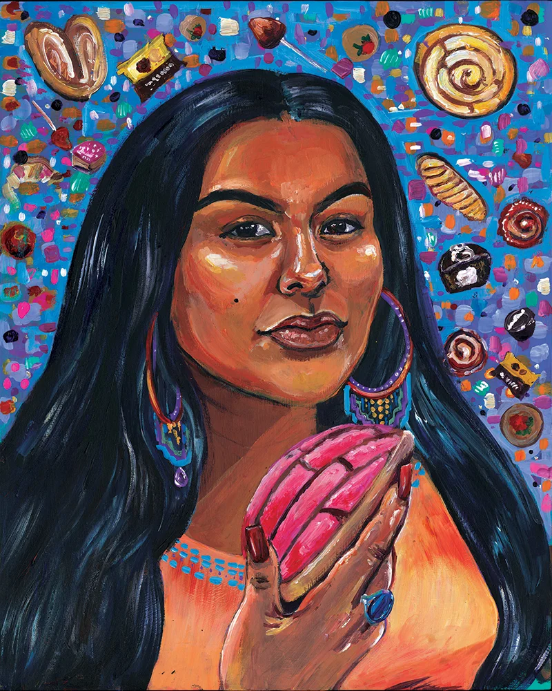 Portrait of a woman with long dark hair holding a pink macaron, surrounded by colorful sweets and desserts, vibrant background.