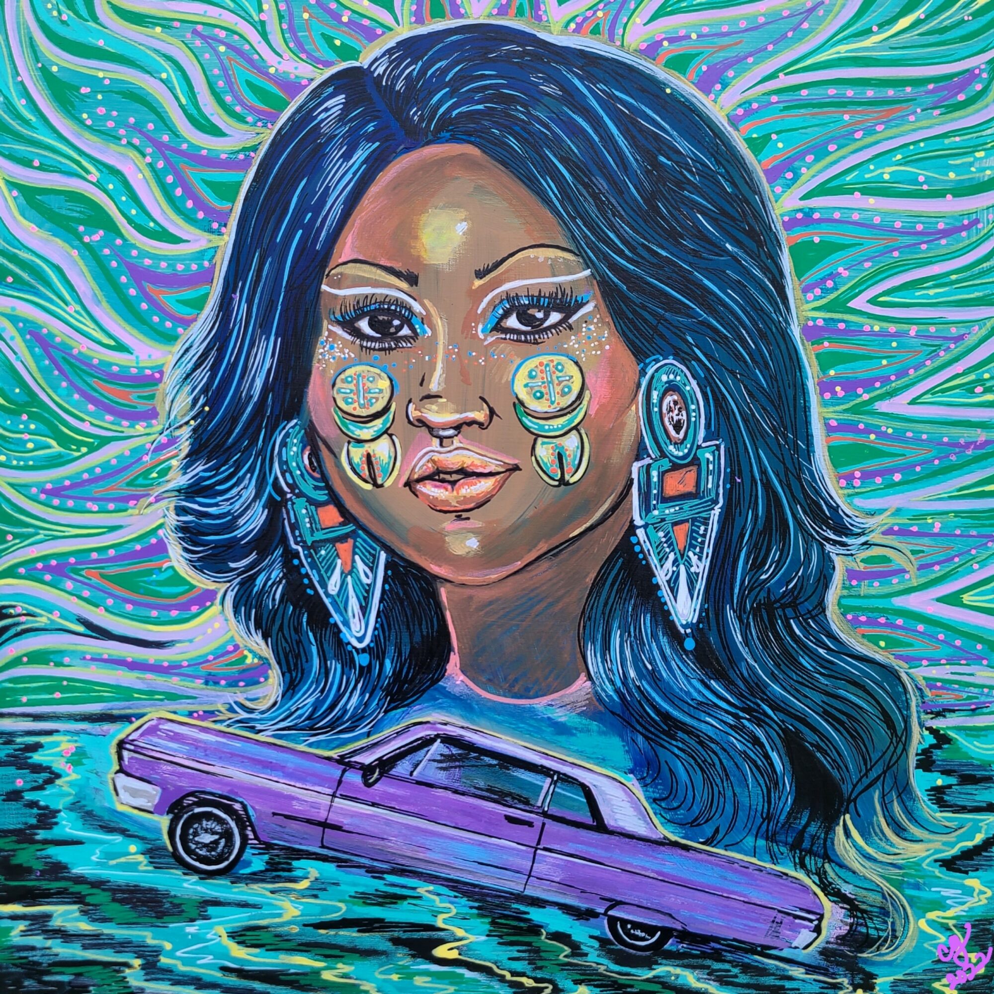Portrait of a woman with long dark hair, large earrings, and a purple car below her, with colorful swirling background.