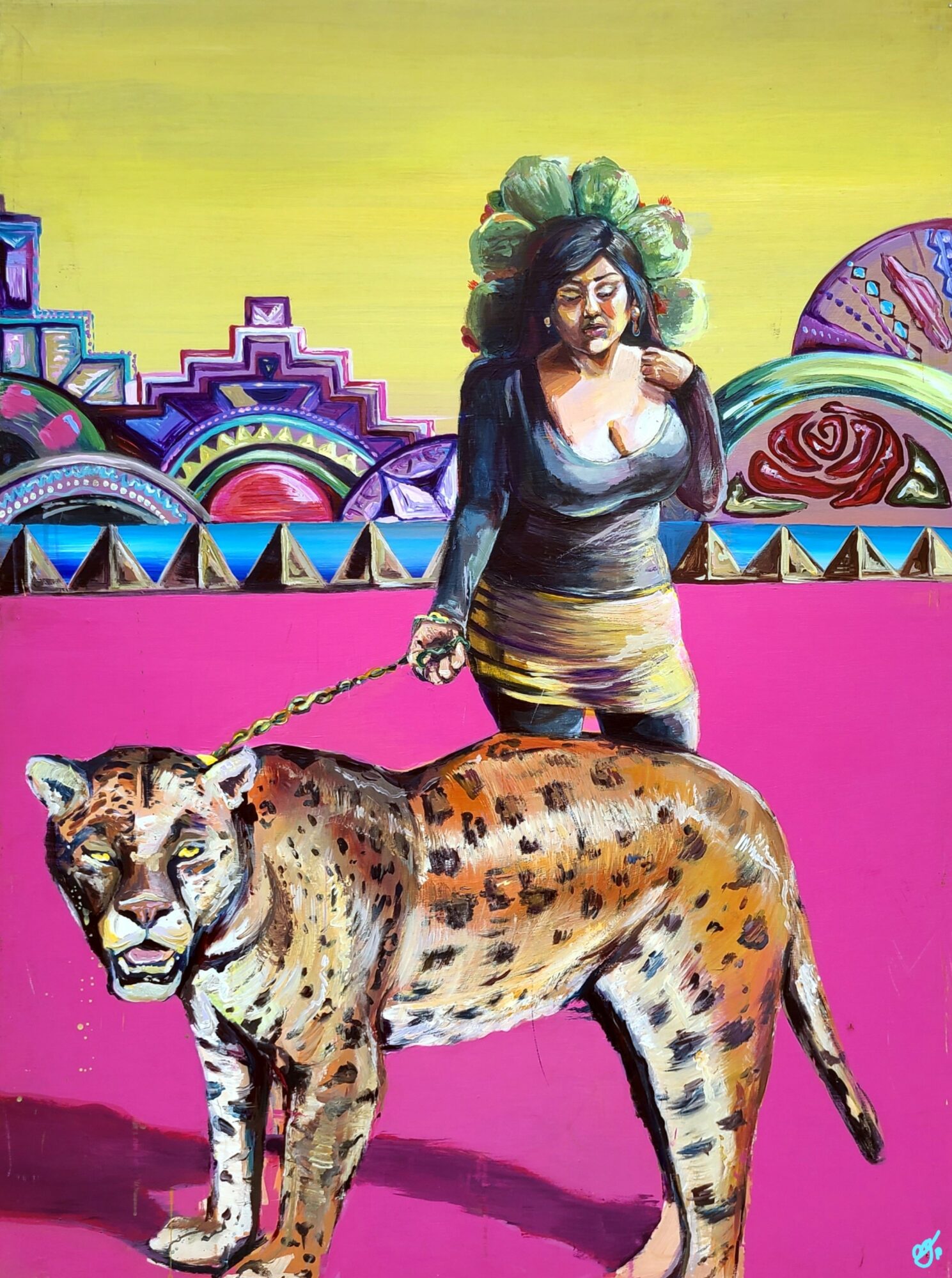Woman with dark hair and a colorful background, holding a leash attached to a large, spotted feline, standing on pink ground.