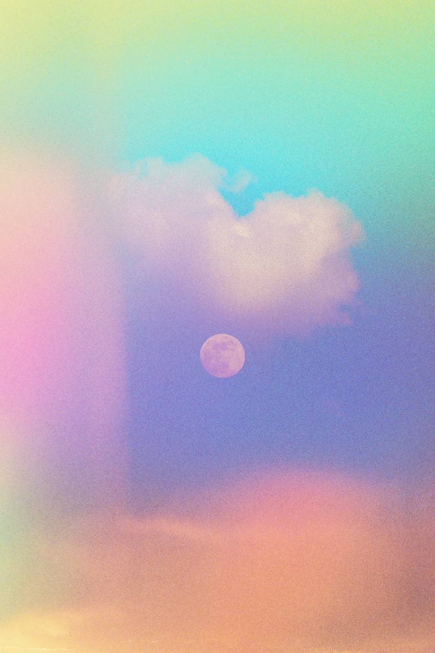 Colorful sky with clouds and a visible moon, pastel gradient background, vertical orientation.