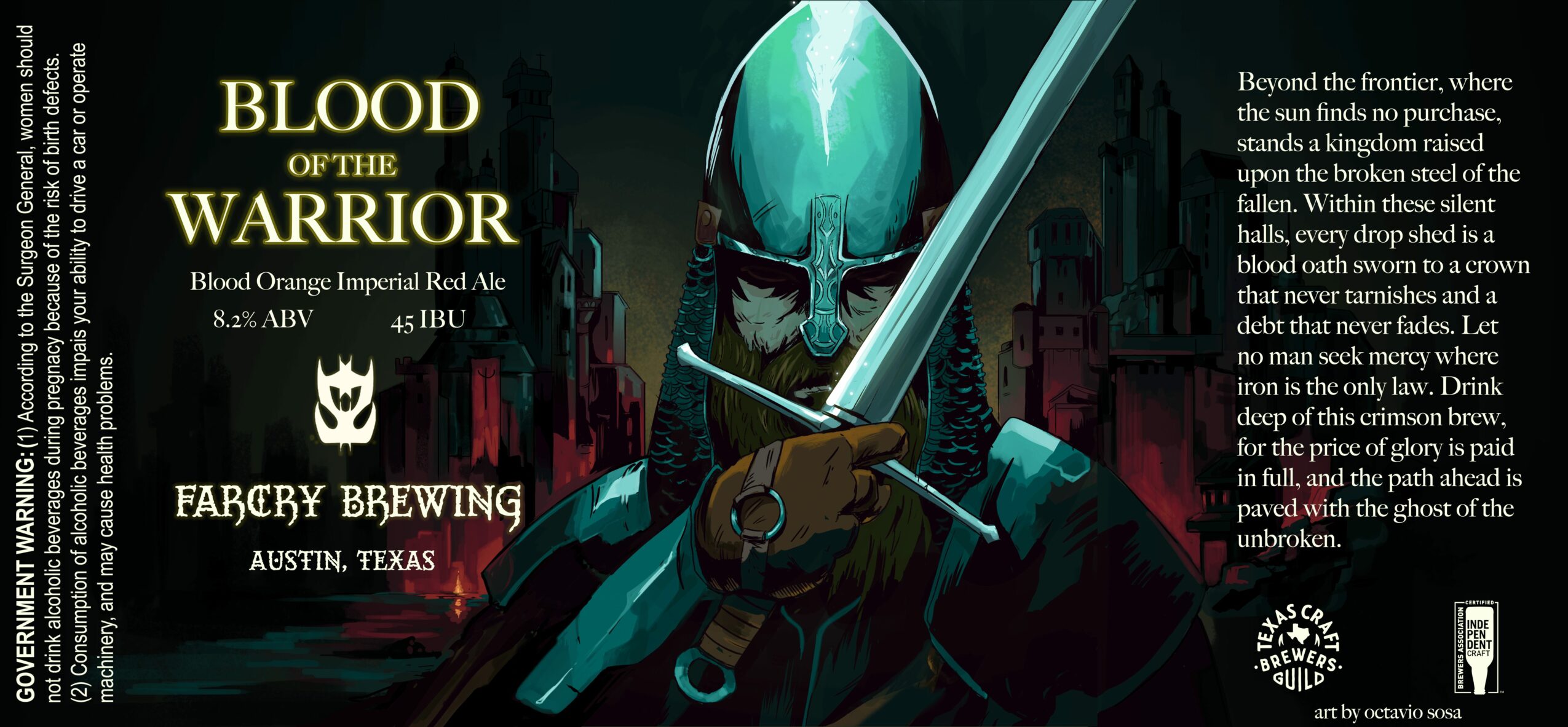 Black background with a warrior holding a glowing sword, text about Blood of the Warrior and brewery in Austin, Texas.