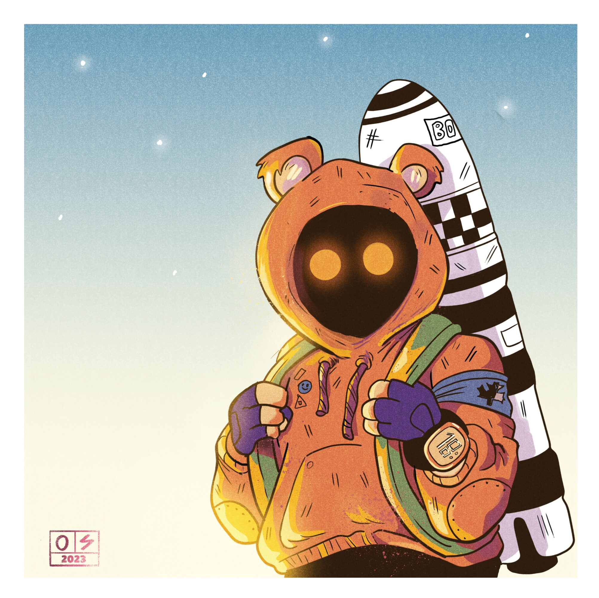 A cartoon bear in a hoodie with a black face and glowing eyes, carrying a backpack and a rolled sleeping bag, standing outdoors.