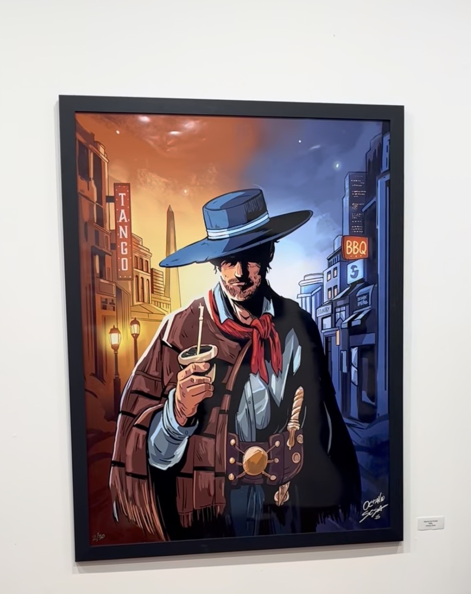 Painting of a man in a wide-brimmed hat, holding a drink, with a city street background at sunset, featuring neon signs.
