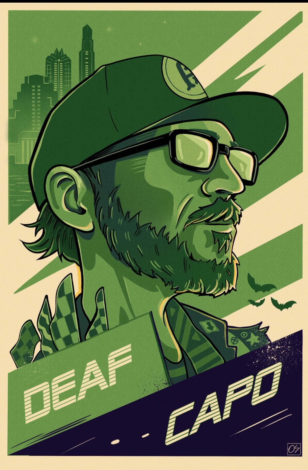 Illustration of a man with glasses, a beard, wearing a cap, with a cityscape background and bats flying.