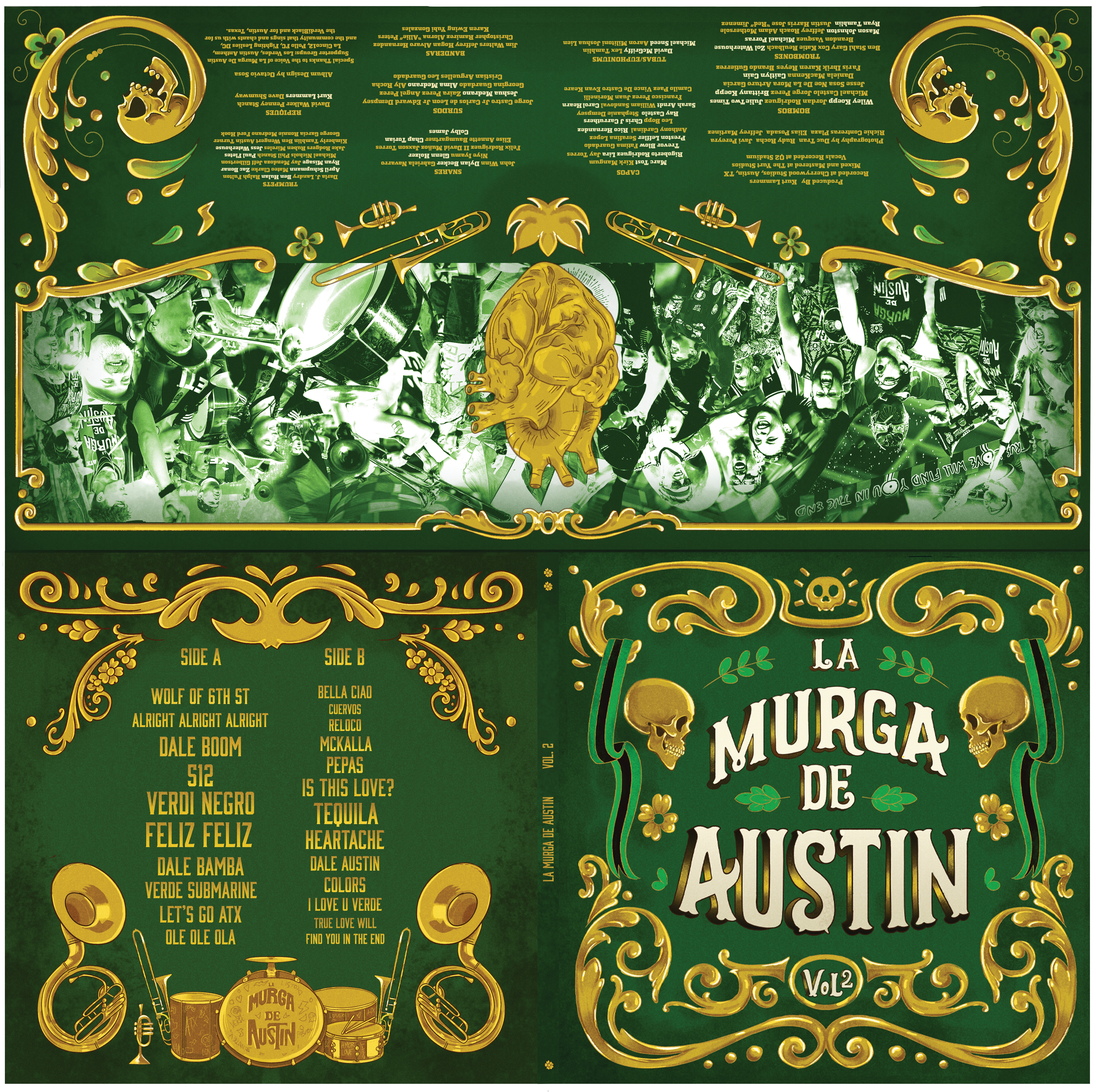 Colorful poster with green and gold design, skulls, and text about La Murga de Austin, featuring group photos and event details.