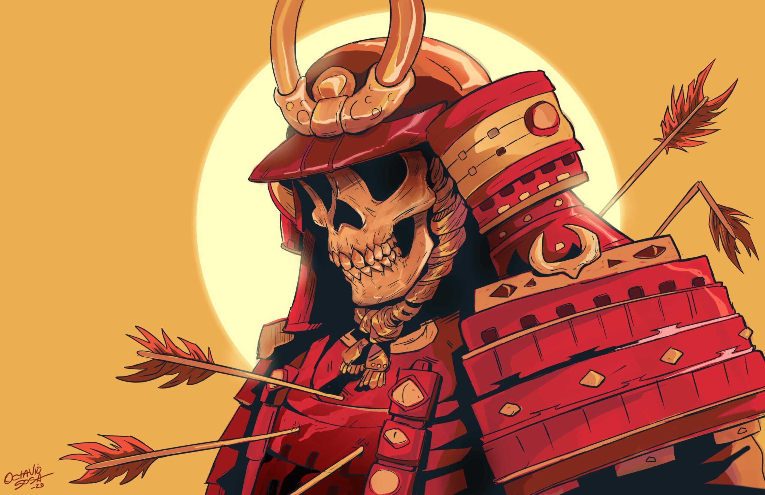 A skeleton warrior in samurai armor with a horned helmet, surrounded by arrows, against a yellow background.