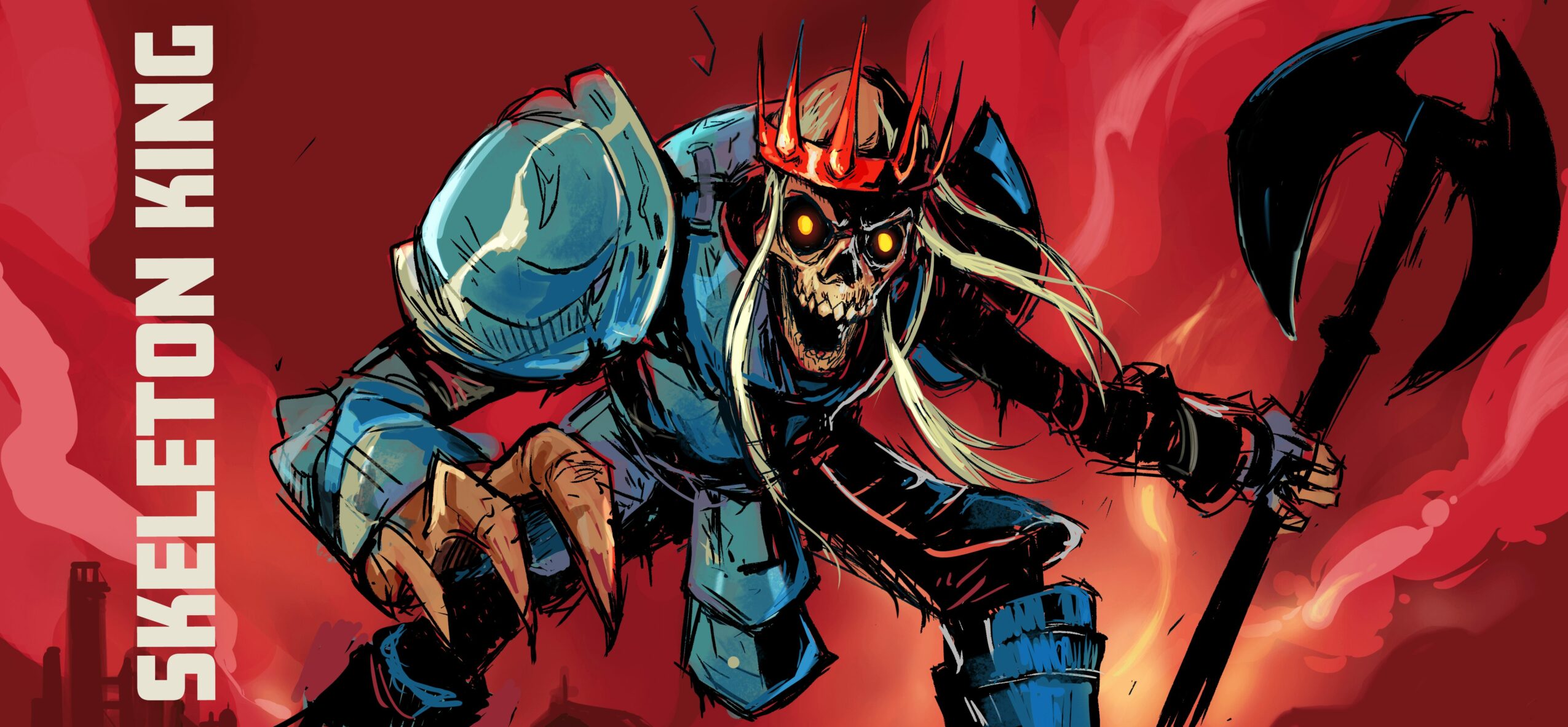 Skull-faced skeleton character with a hook weapon, wearing a jacket, against a red background.