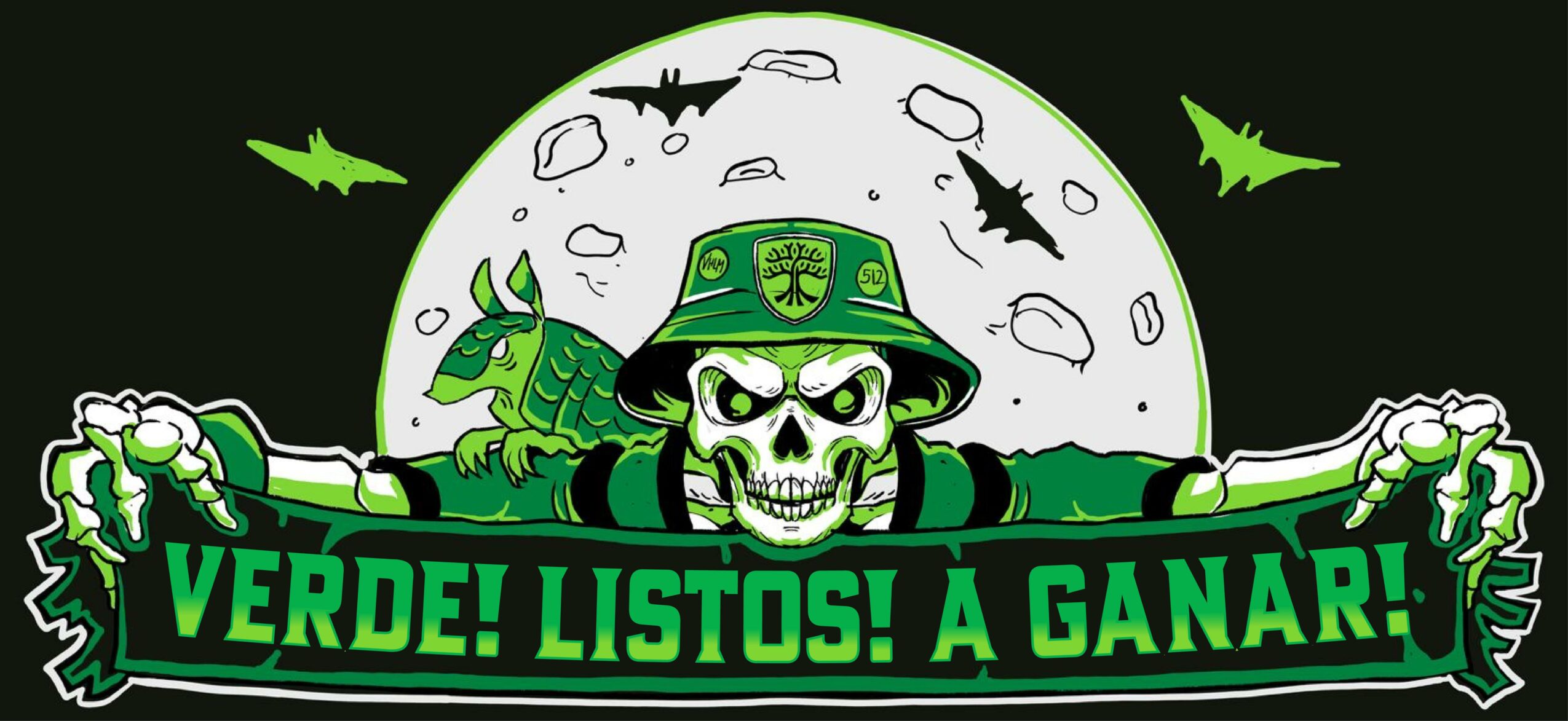 Skull wearing a green military hat holding a banner with Spanish text, with bats and a moon in the background.