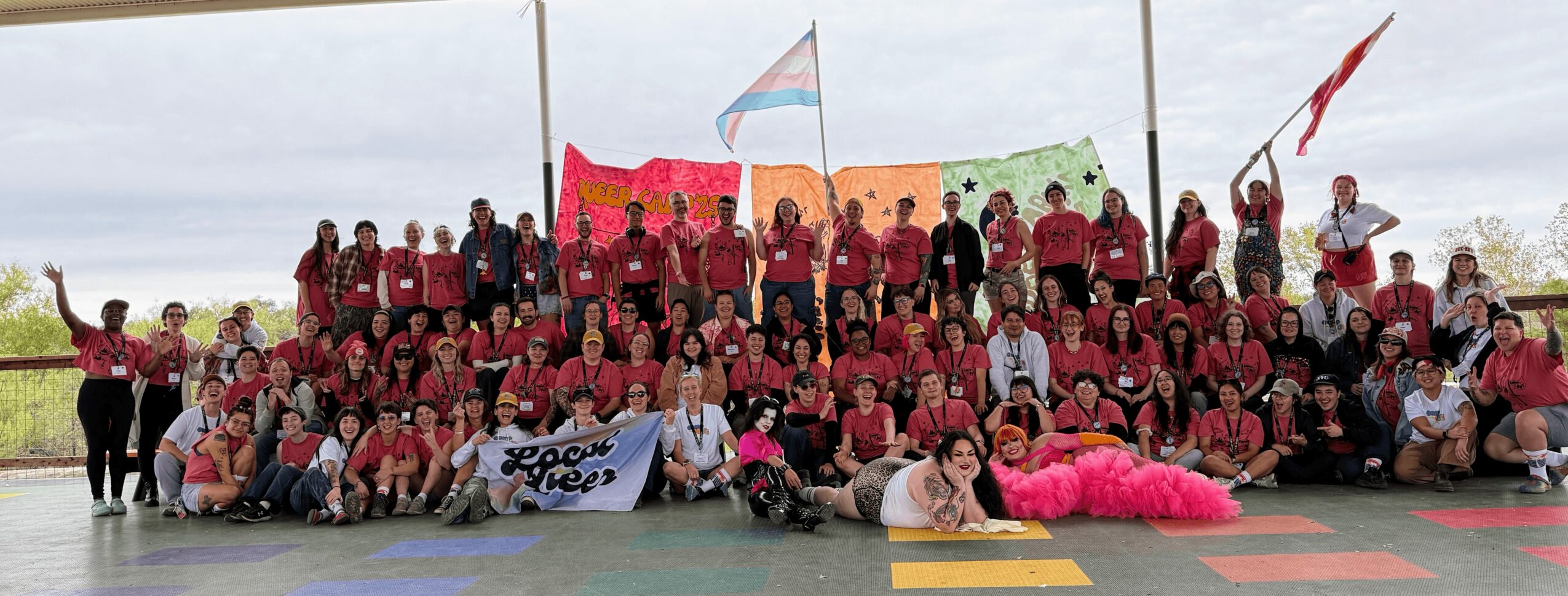 Large group of people gathered outdoors, holding flags and banners, some wearing pink costumes, on a cloudy day.