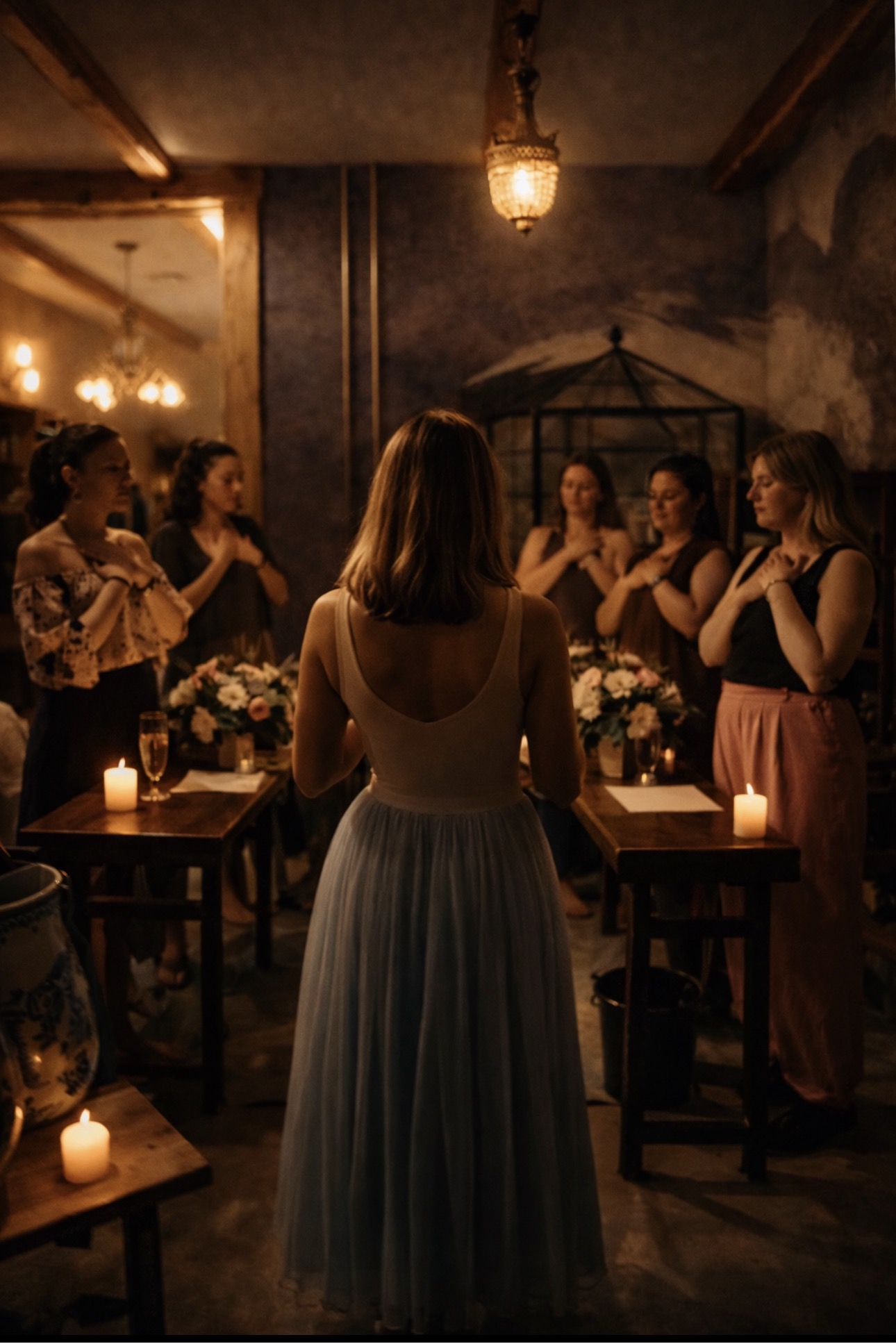 A woman in a white dress stands with her back to the camera, facing a group of women in a dimly lit room with candles and flowers.